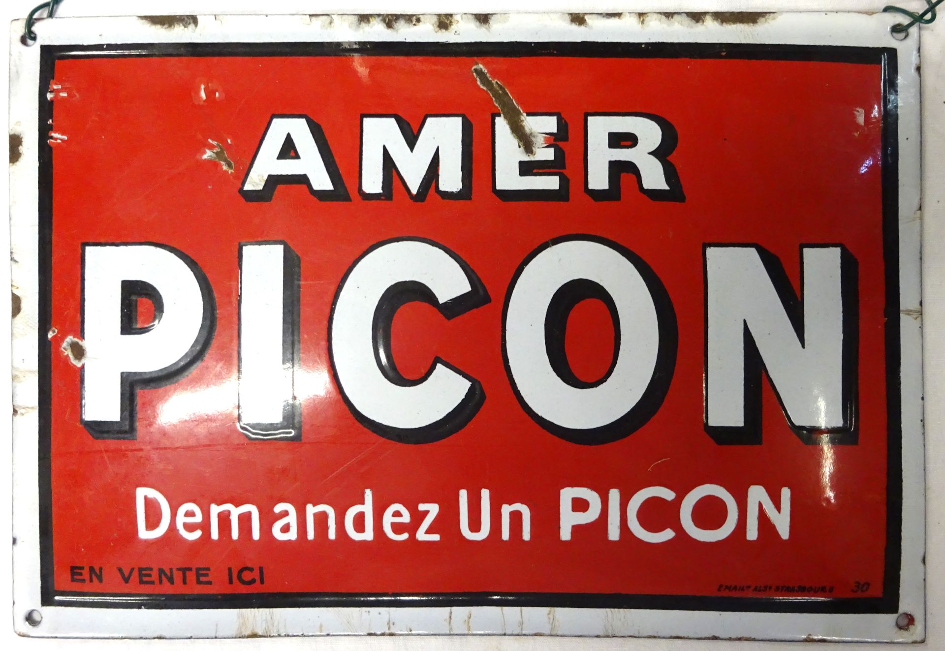 Null Amer Picon enameled plate (missing enamel). 22 x 32 cm