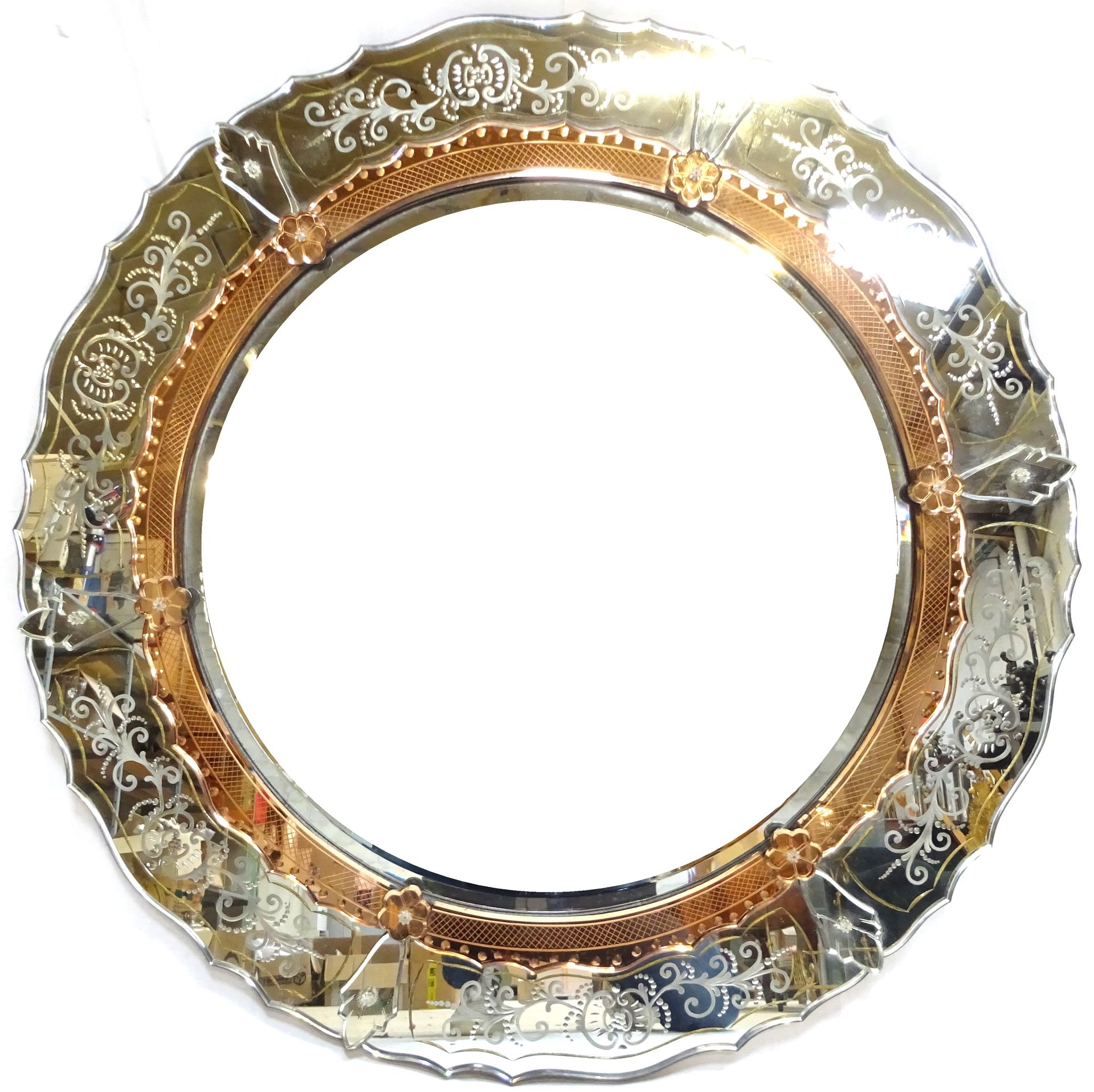 Null Specchio veneziano circolare con perle di smalto incise con arabeschi fogli&hellip;