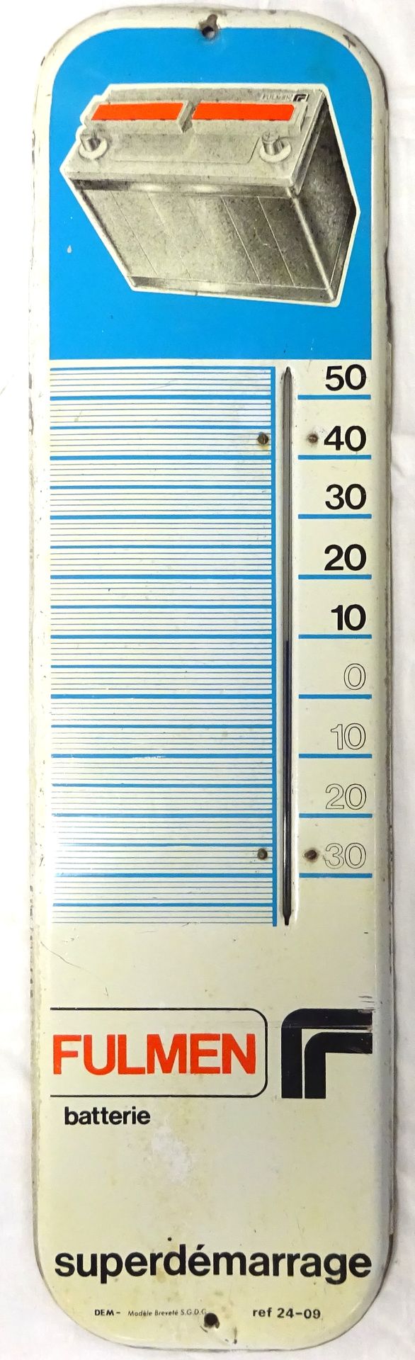 Null Plaque thermomètre en tôle émaillée Fulmen. 70 x 19 cm (petits éclats )