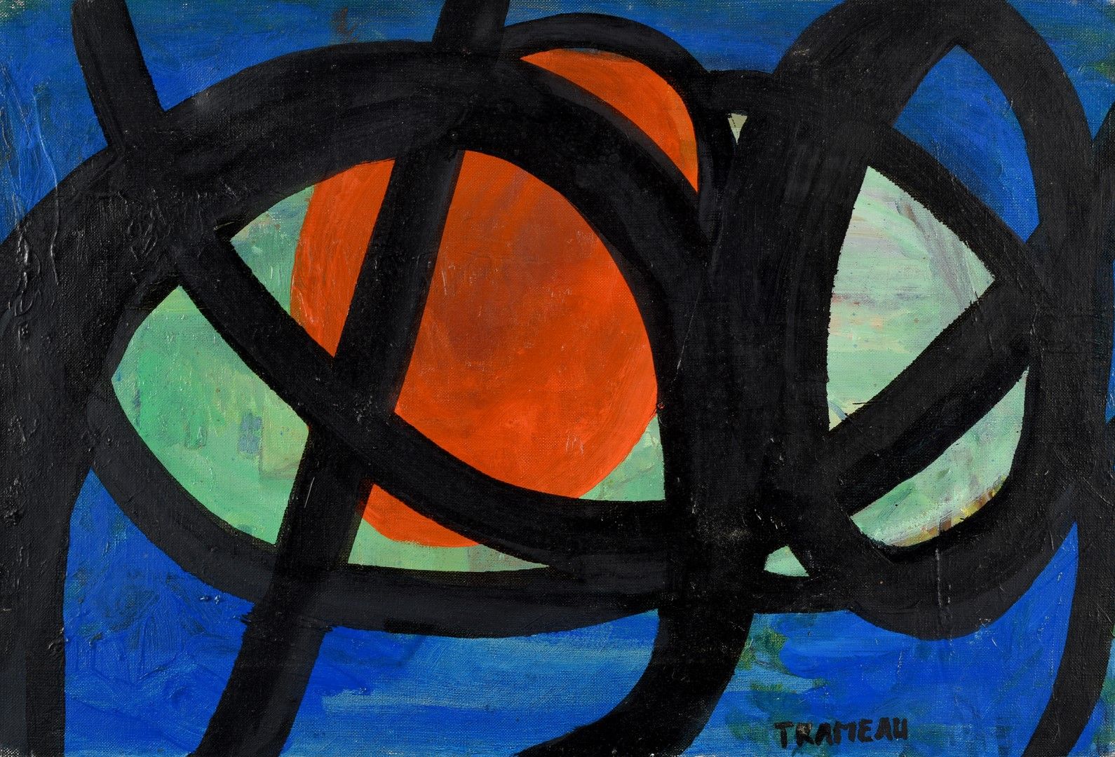 Null Raymond TRAMEAU (1897-1985) 蓝色、黑色、绿色和橙色的抽象构图 布面油画，右下角有签名 55 x 38 cm