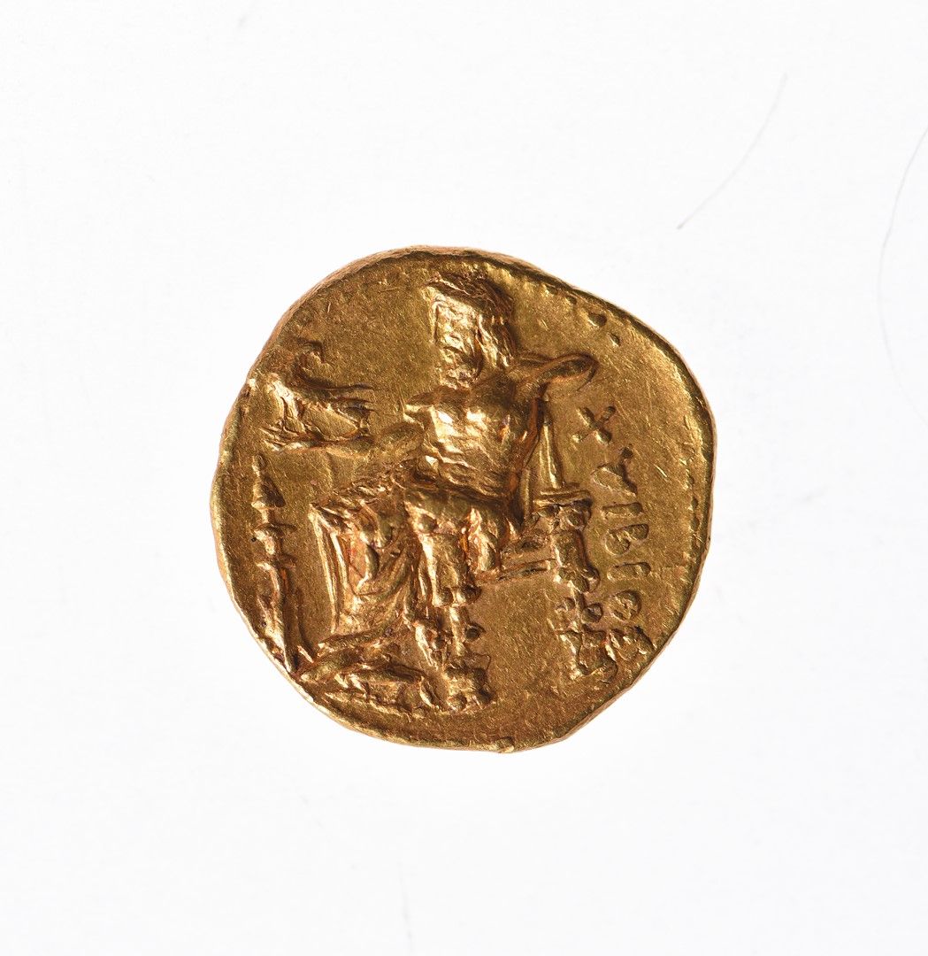 Null CYRNAIC: Cyrene Gold statere (323-313 BC).8,64 g.宙斯坐在左边，将手臂靠在王座的背面。在他面前的是胸膜&hellip;
