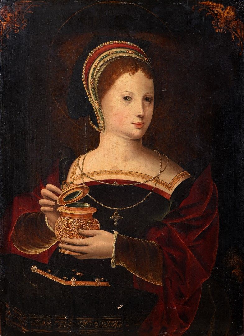 Null 归功于半身像大师（1520-1550年左右活跃于安特卫普和梅赫伦）。一个拿着药膏罐的女人的肖像。板上油彩。呈现在一个雕刻和镀金的木制帐幕框架中。尺寸为&hellip;