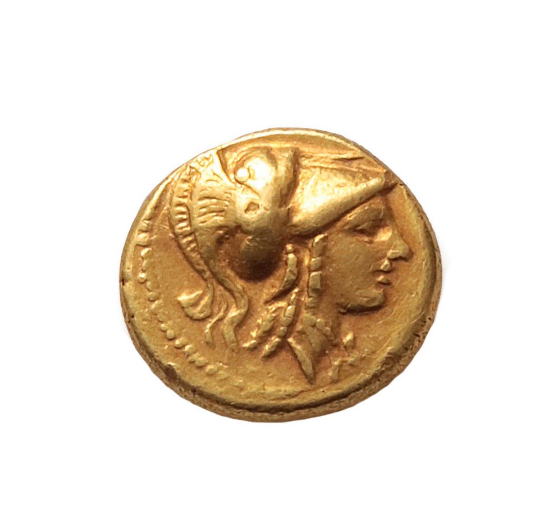 Null MACEDONIA王国：亚历山大三世大帝（公元前336-323年）金币四分之一。安菲波利斯。2,31 g.雅典娜右首，戴着科林斯式头盔，上面有三层护罩&hellip;