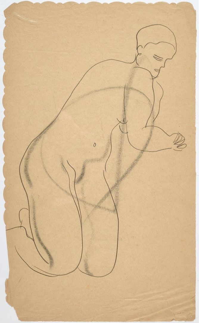 Null 
常玉（常玉，1895-1966）。跪在地上的裸体女人。纸上石墨铅笔。尺寸49x29厘米。褶皱和撕裂。前Habart收藏。