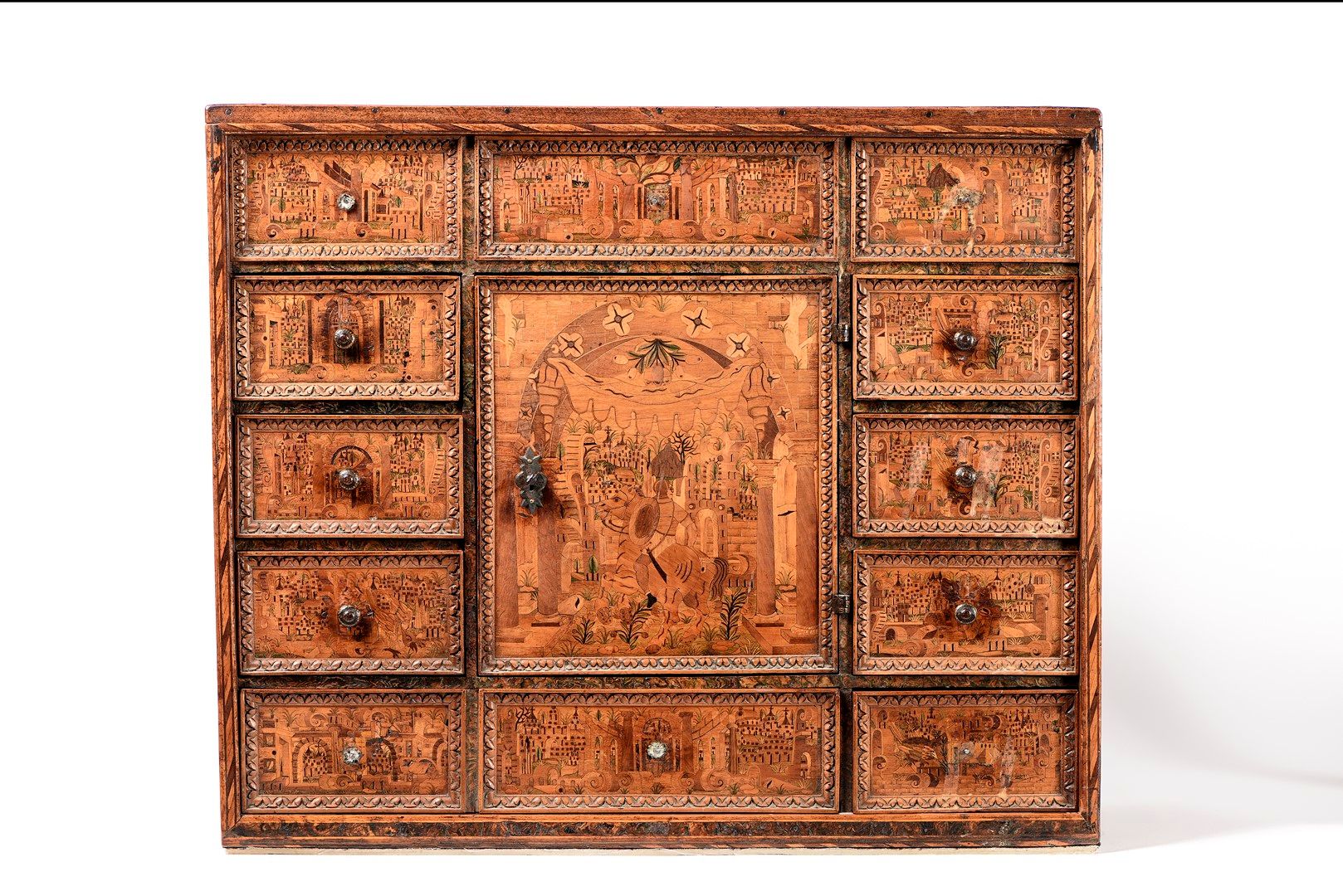 Null Cabinet of table in marquetry of clear and tinted wood with varied species.&hellip;