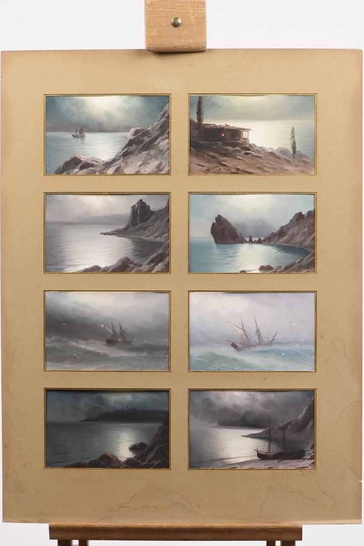 Null 约 1880 年的俄罗斯画派。风景和海洋，克里米亚景色（雅尔塔附近的 Simeiz）。八张俄罗斯水粉明信片组画。每张尺寸为 8.5x13.8 厘米。出&hellip;