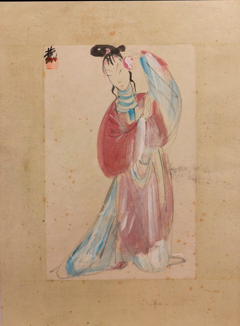 Null Fengmian Lin (1900-1991). Danseuse d'opéra. Encre et aquarelle sur papier c&hellip;