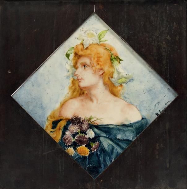 ERNST Rudolph (1854-1932) - Creil - Montereau Portrait de femme Carreau en faïen&hellip;