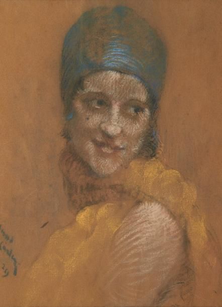 GRAND-CARTERET Jean-Albert (1903-?) Portrait d'une jeune femme au chapeau bleu P&hellip;