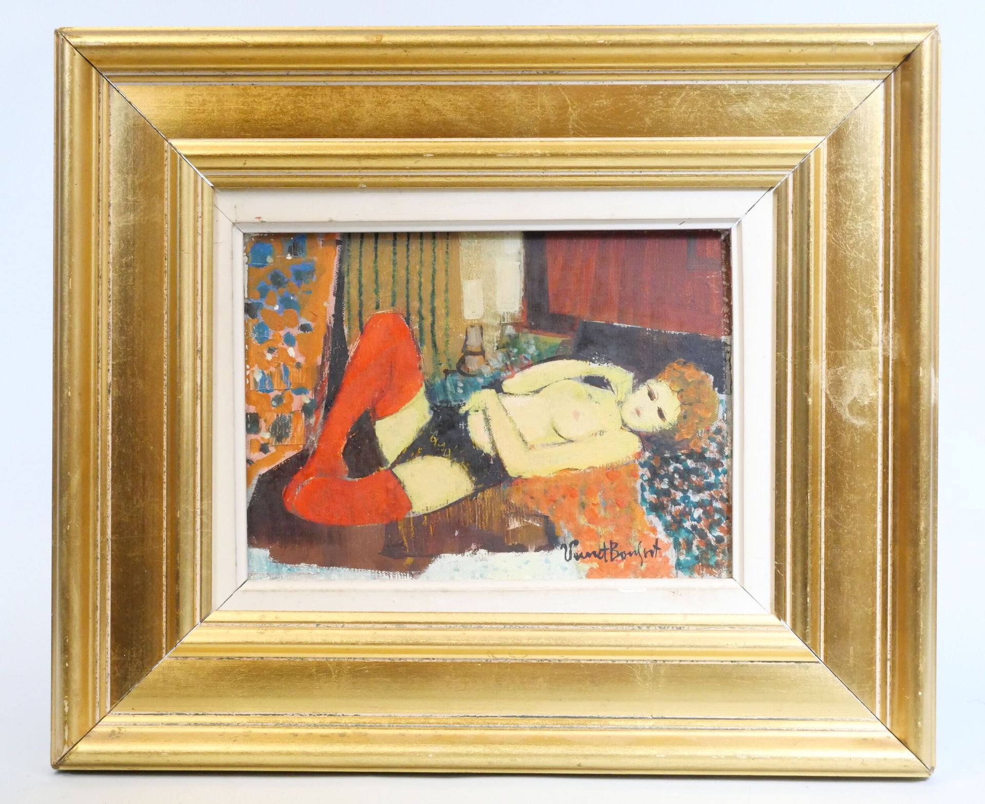 Null Robert VERNET-BONFORT (1934)
"红袜子"。
布面油画，右下角有签名，背面有标题
尺寸：6 x 22 cm
带框架的尺寸：3&hellip;
