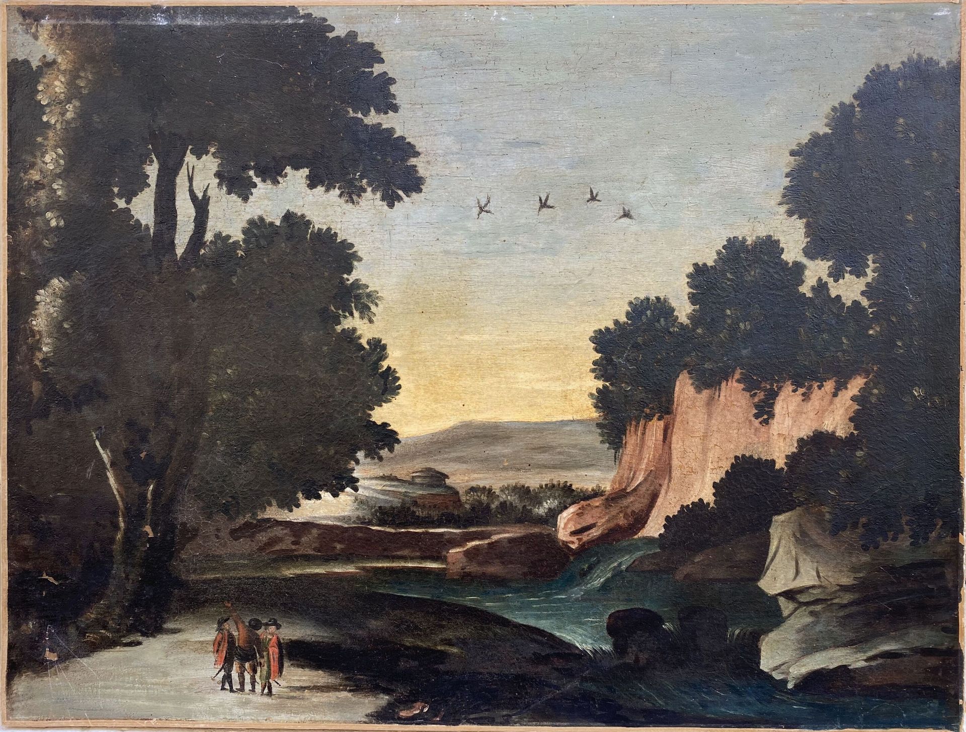 Null Escuela del siglo XVII 
Gente al borde del agua
Óleo sobre lienzo 
Tamaño: &hellip;