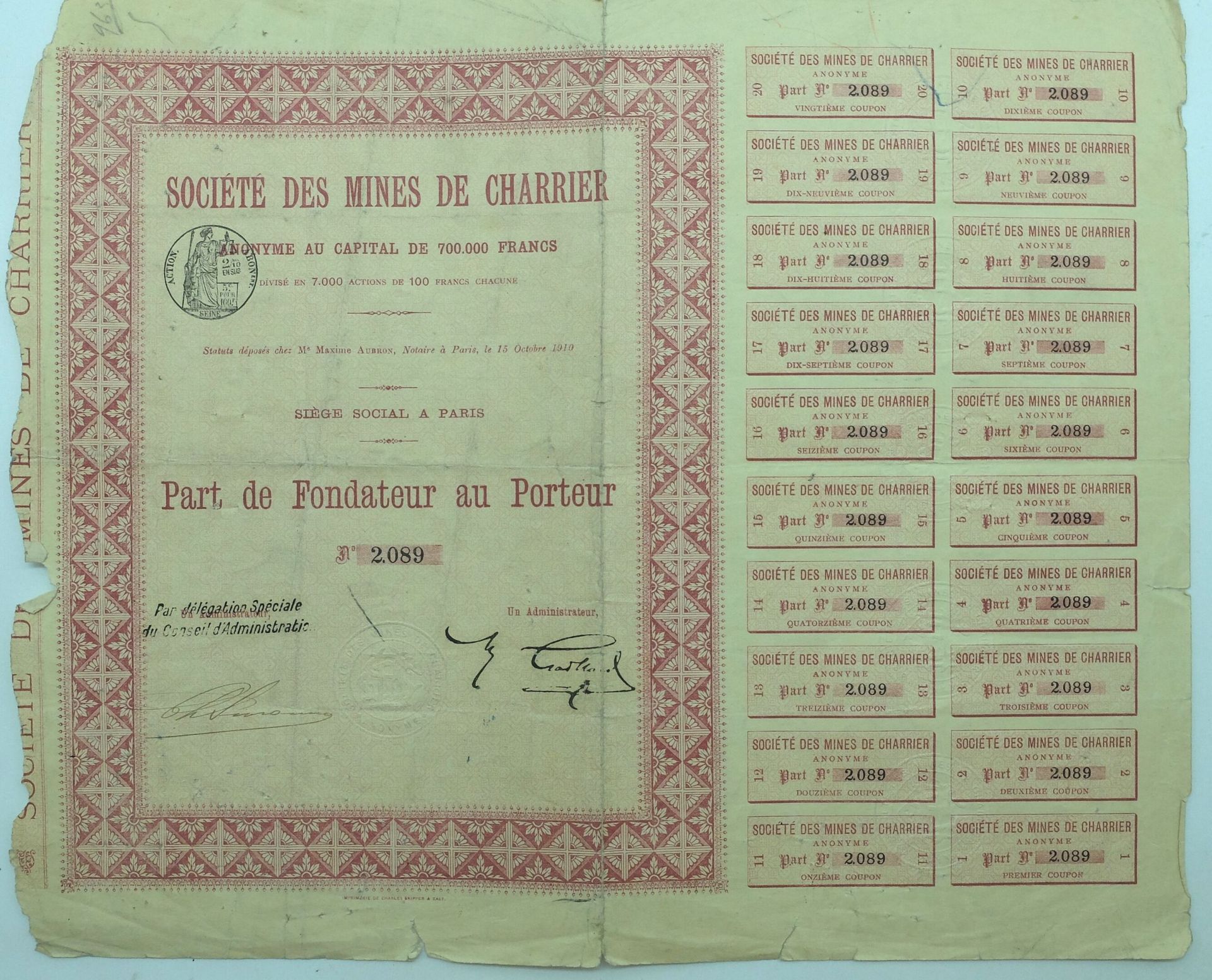 Null 39 ACCIONES. En francés. Industria.

1-Société des Mines de Charrier sd. Es&hellip;
