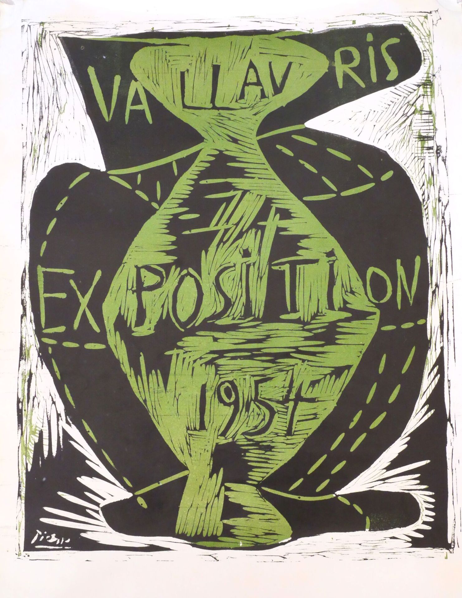 Null 帕布罗-皮卡索 (1881-1973)
1954年Vallauris的海报。 
在薄牛皮纸上的双色油印。 
有小的断裂，有折叠的痕迹，下缘有些许狐臭。&hellip;