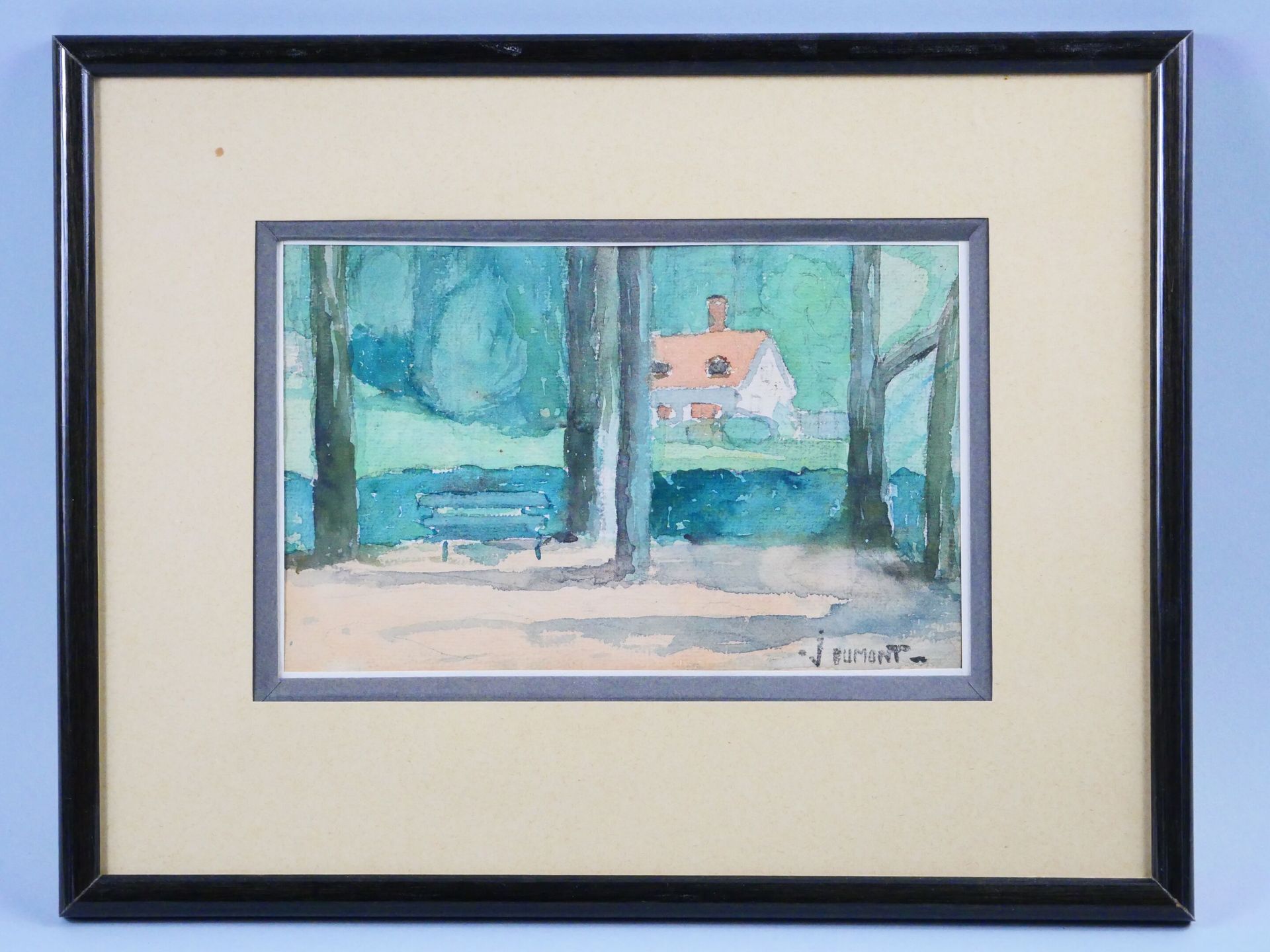 Null 20世纪的学校。Jacques DUMONT 
森林里的房子 
纸上水彩画，右下角有签名
目测尺寸：14 x 22 cm 
带框尺寸：28 x 35.&hellip;