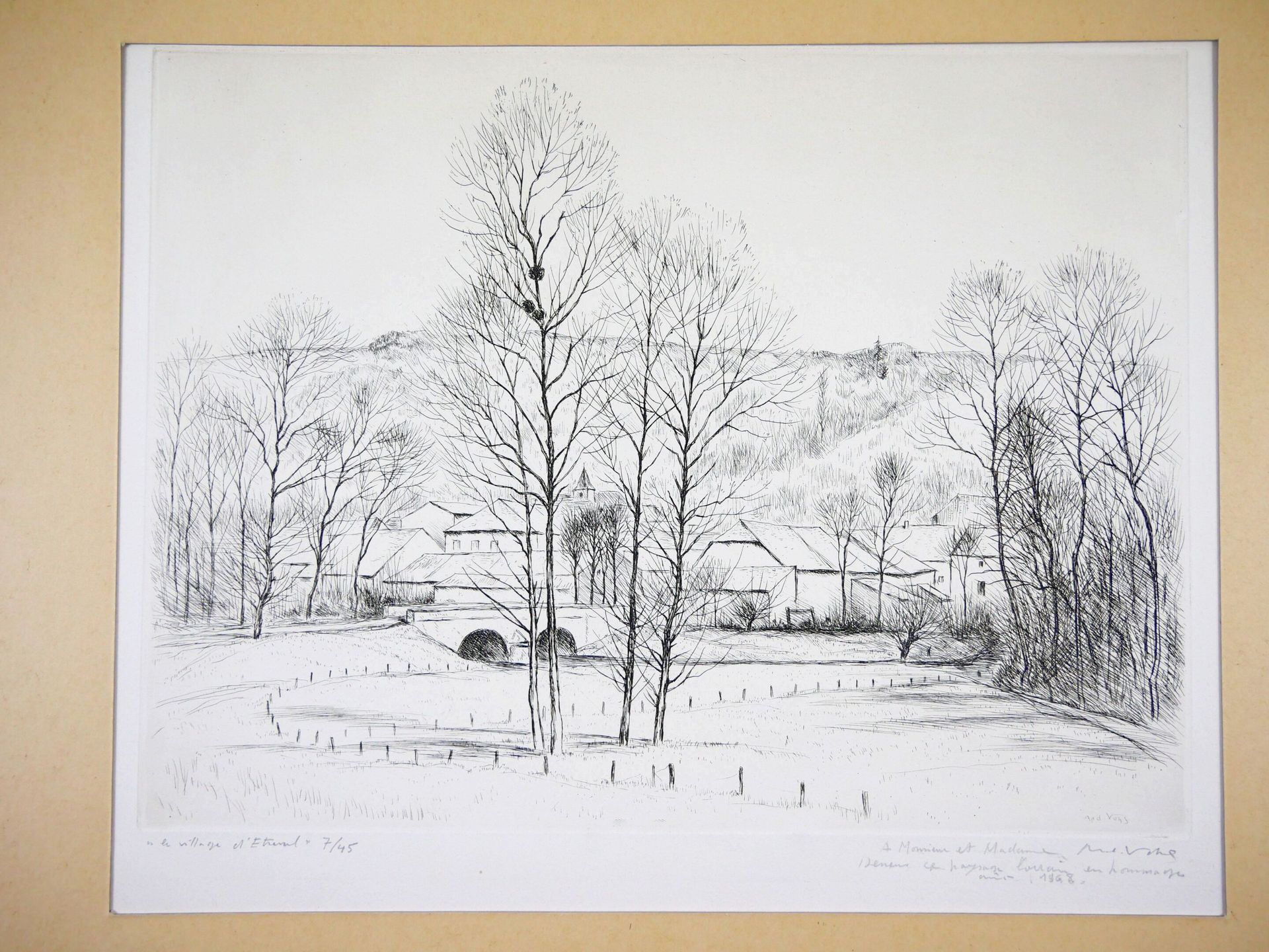 Null André VAHL (1913-1983)
"The village of Etreval". 
Engraving in black locate&hellip;