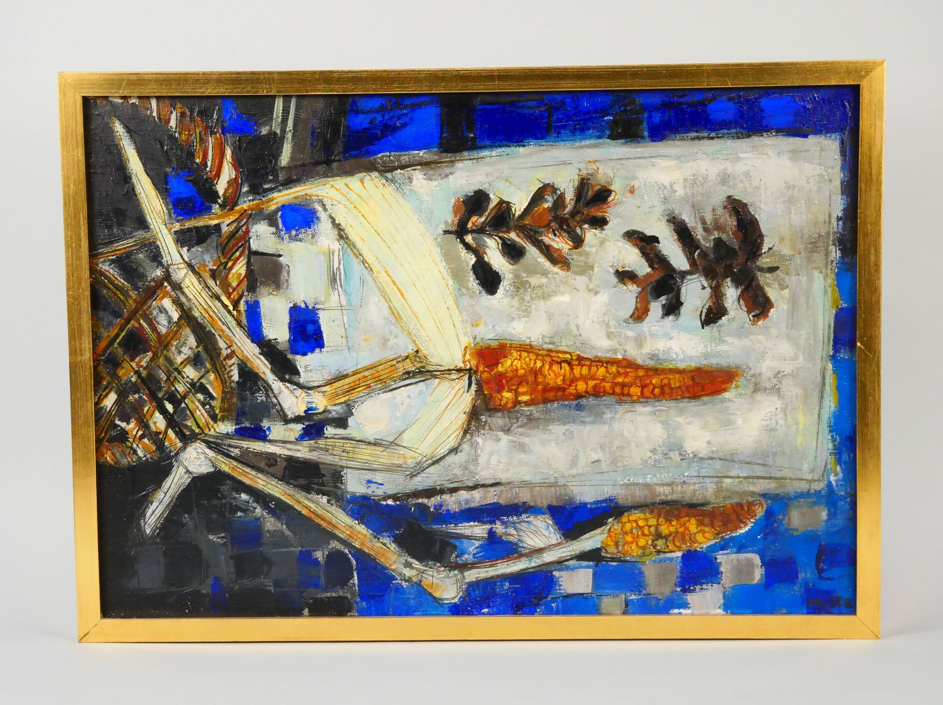 Null Jacques HALLEZ (Né en 1923)
Pommes de pin et maïs 
Huile sur toile signée e&hellip;
