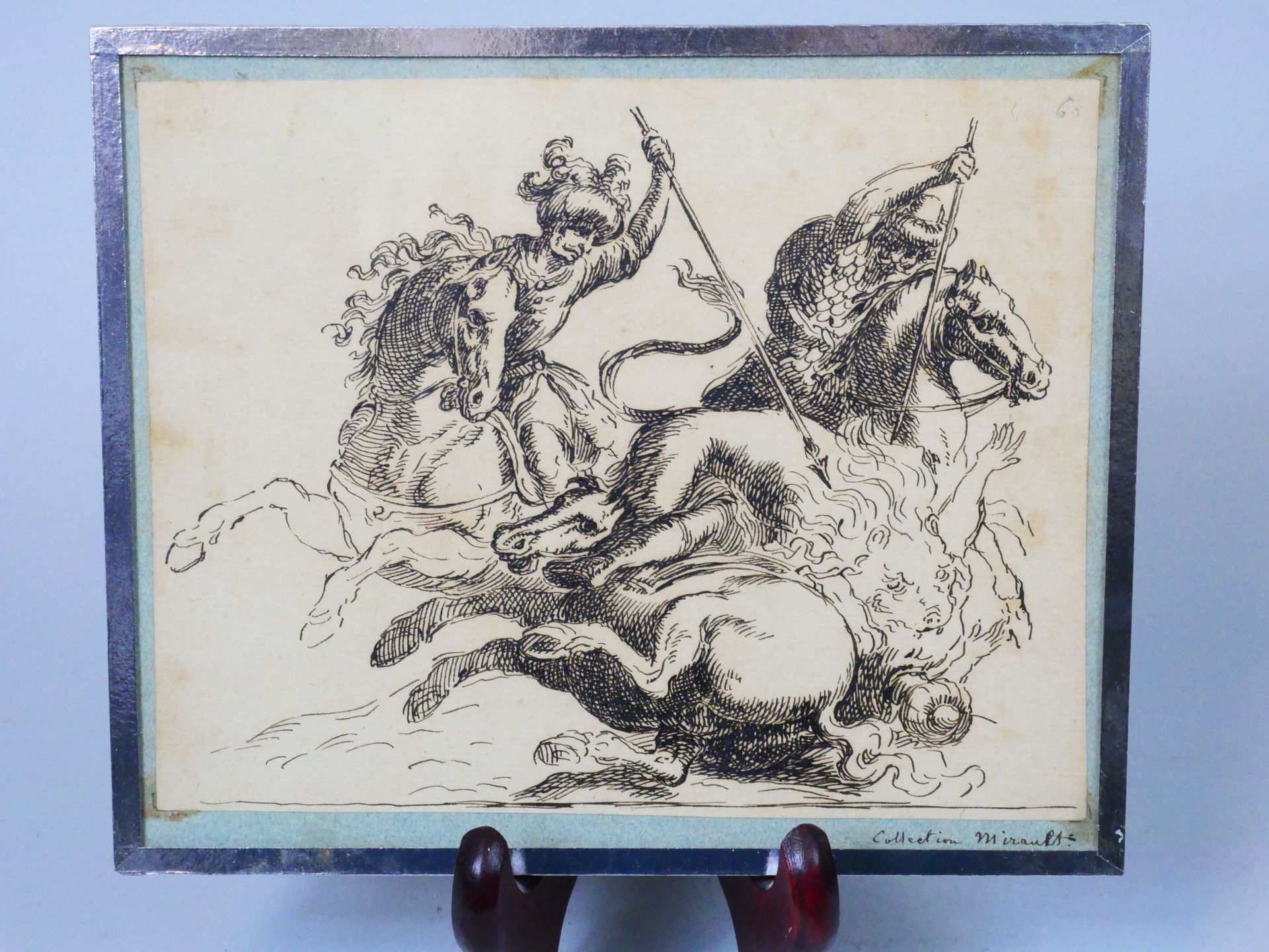 Null 18世纪的学校？ 
狩猎狮子
棕色墨水在纸上。右下角刻有 "Collection Mirault "字样。 
尺寸：18 x 22 cm 

领取拍品&hellip;