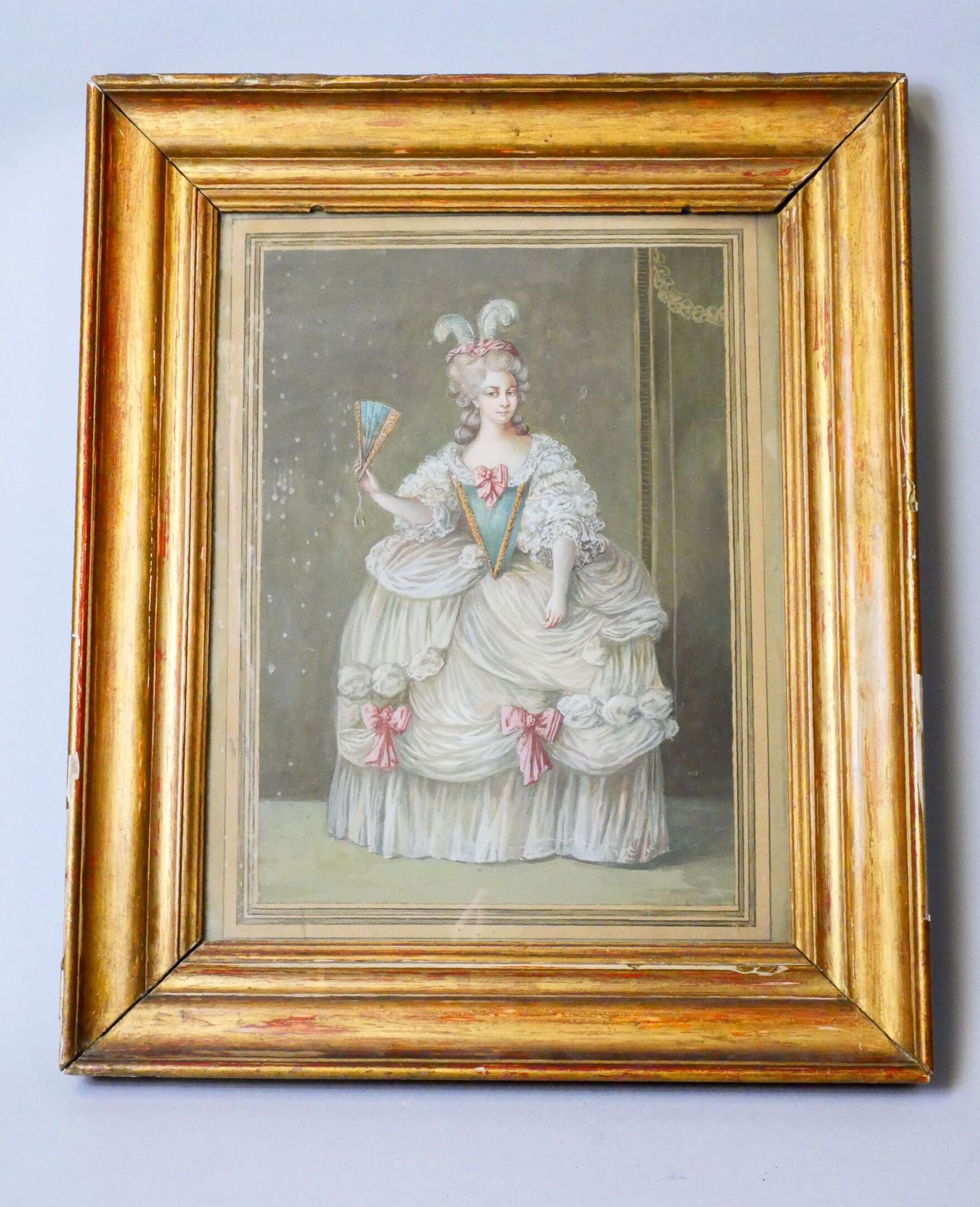 Null 19世纪法国学校在17世纪的味道 
年轻的女人，带着一件薄纱裙
纸上水彩画 
目测尺寸：37.5 x 29 cm 
带框架的尺寸：52 x 43厘米
&hellip;