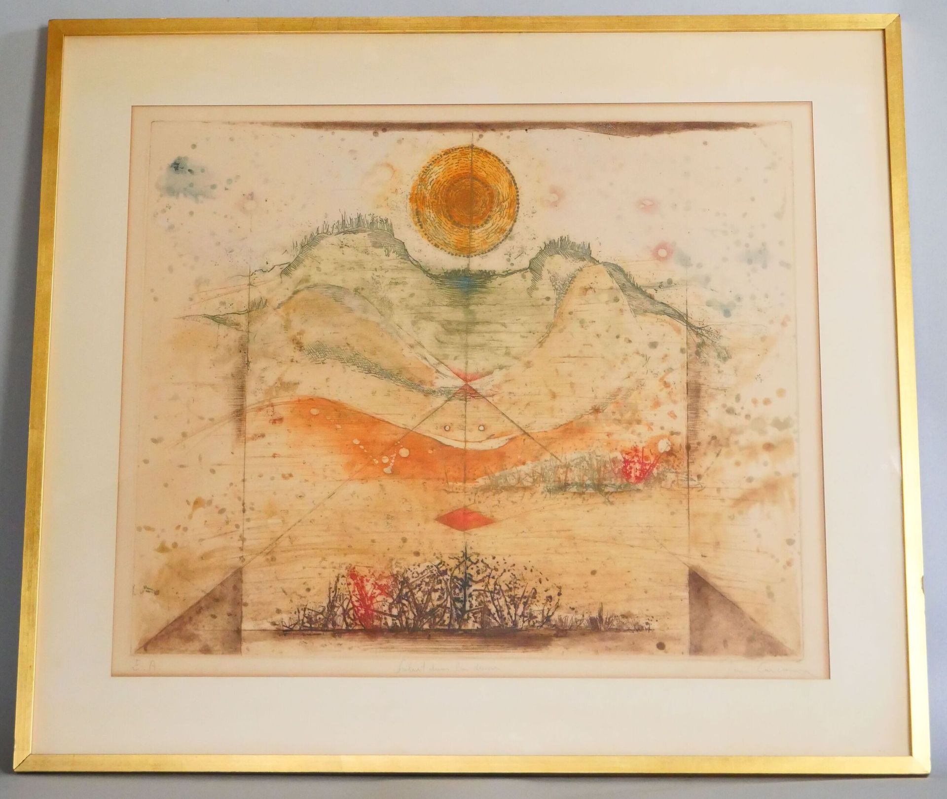 Null 20世纪的学校。玛丽-卡尔坎 
沙丘上的太阳 
E.A纸上的彩色雕刻，中间有标题，右下方有签名。 
尺寸：52 x 63 cm 
带画框尺寸：70 x&hellip;