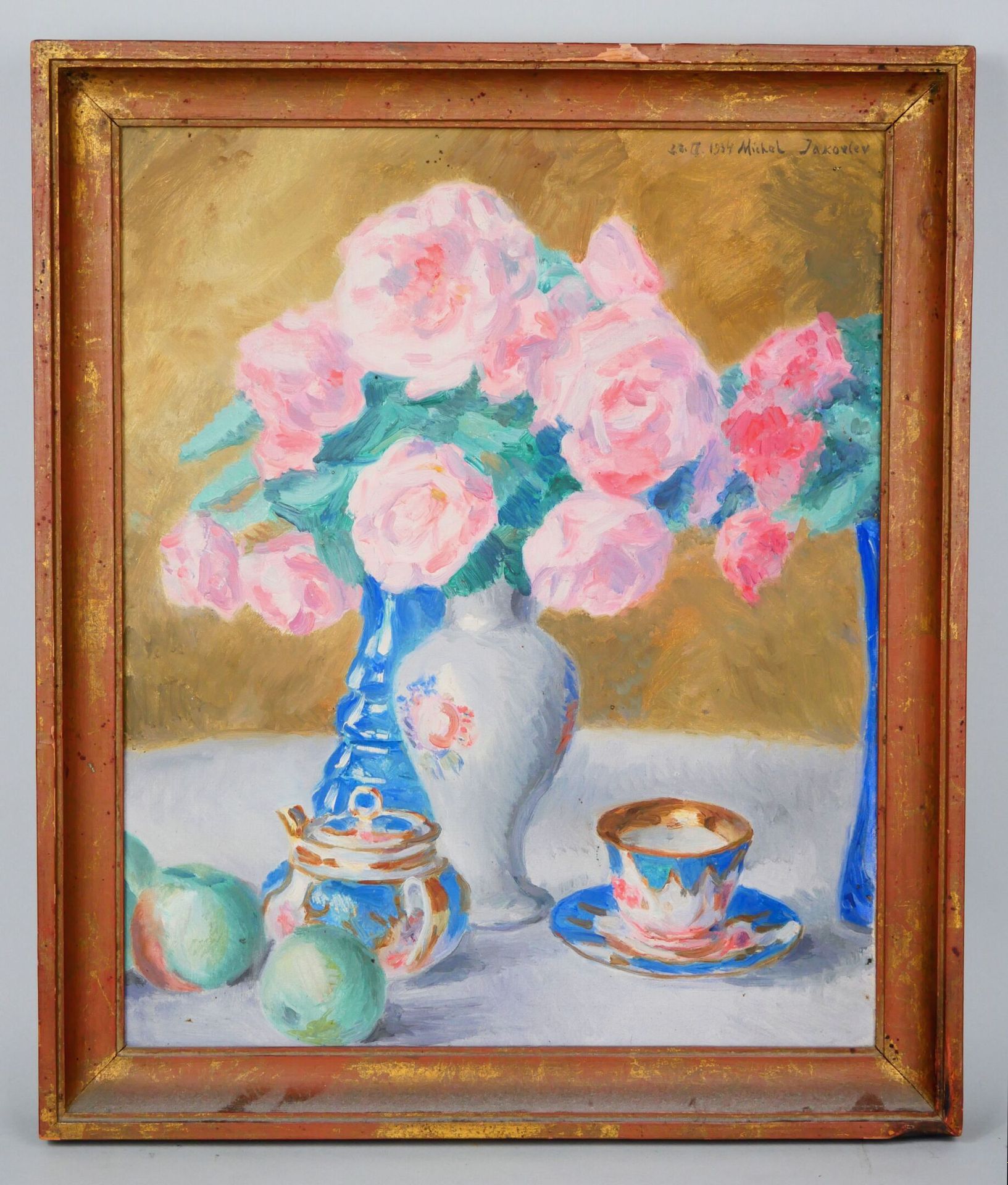 Null 米哈伊尔-尼古拉耶维奇-亚科夫列夫 (1880-1942)
静物与一束玫瑰花
布面油画，日期为 "22.III.1934"，右上方有签名。背面有副署，&hellip;