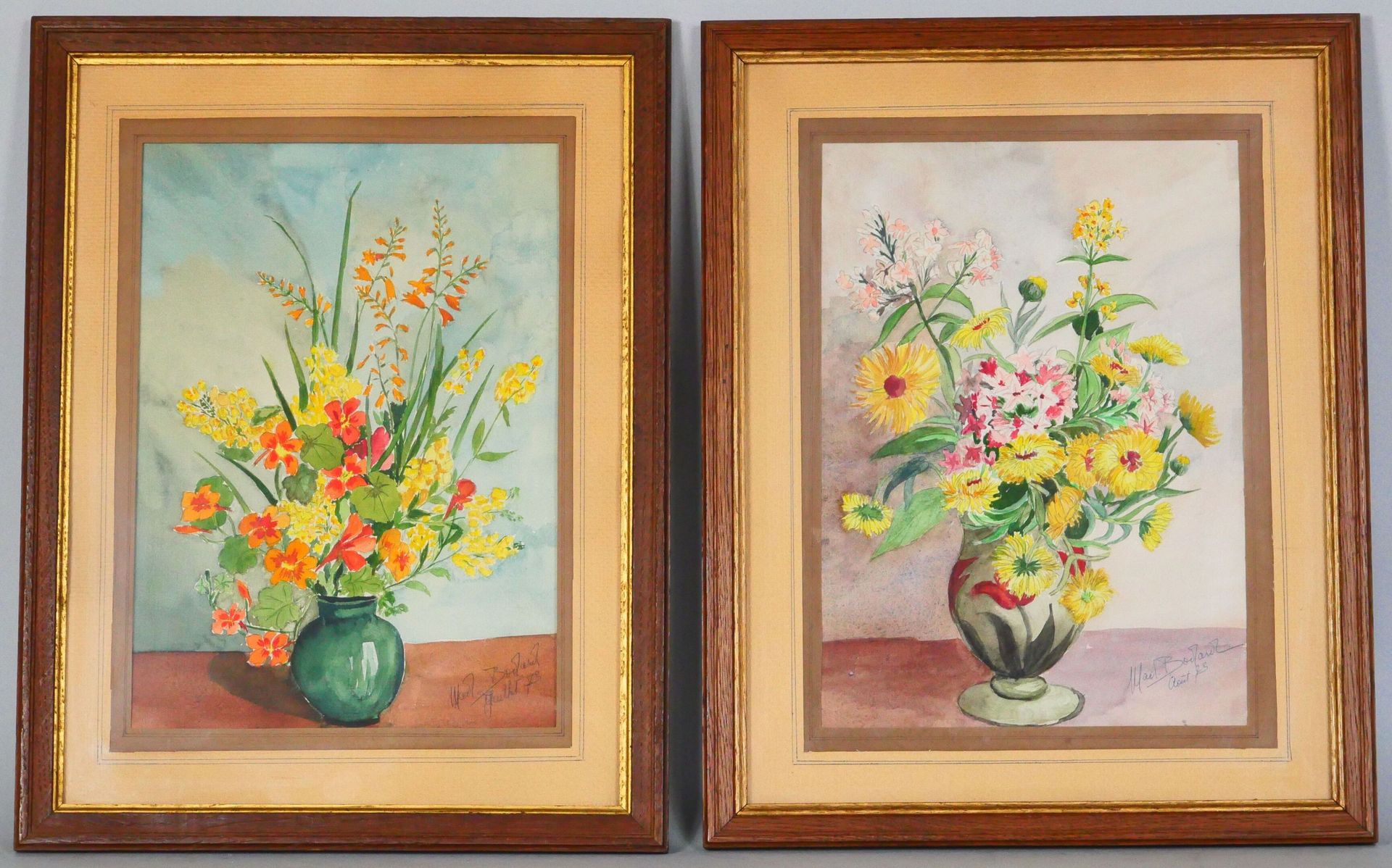 Null 马德琳-博达尔 (1906-1987) 
花瓶与黄花 
两幅纸上水彩和铅笔画，右下方有签名和日期1973年7月和8月
视线尺寸：30 x 21,5 c&hellip;