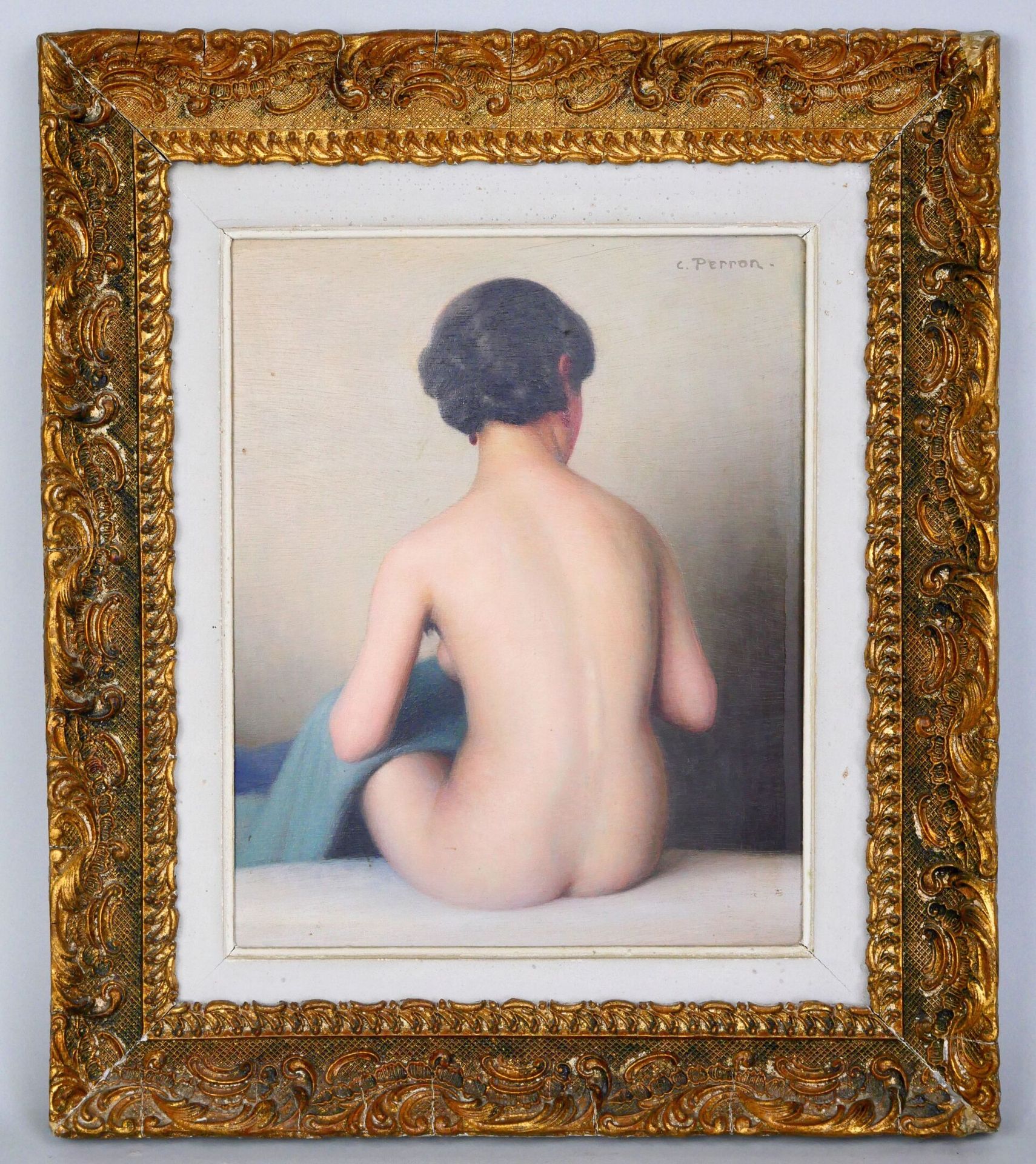 Null 查尔斯-克莱芒-弗朗西斯-佩伦 (1893-1958) 
从背后看棕色裸体女人 
板面油画，右上方有签名。背面有标题 "Brunette assise&hellip;