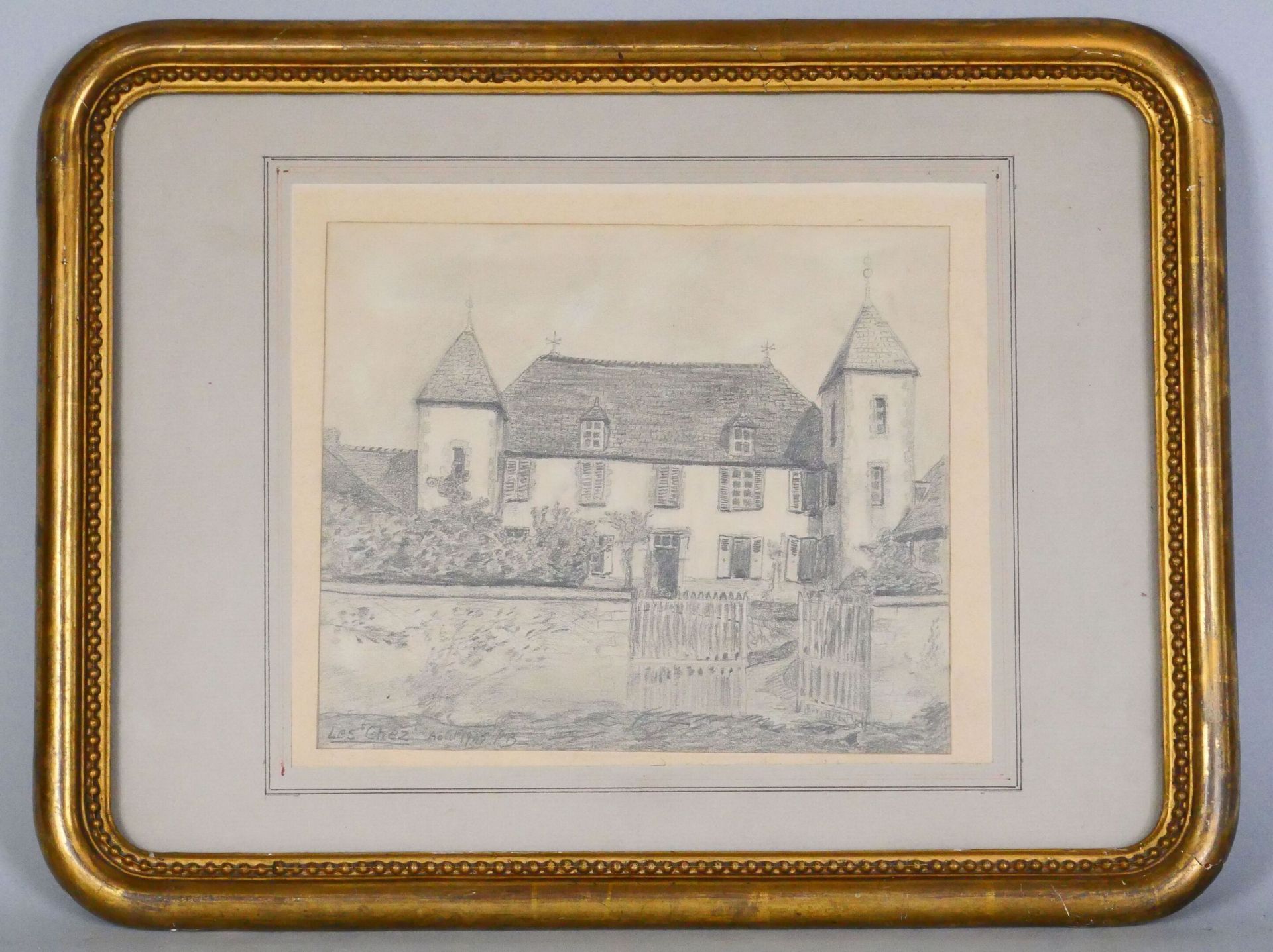 Null 乡村住宅 
纸上石墨，位于 "Les Chez"，日期为 "1945年8月"，左下方有 "PB "字样。 
尺寸：19 x 22,5 cm 
带画框尺&hellip;