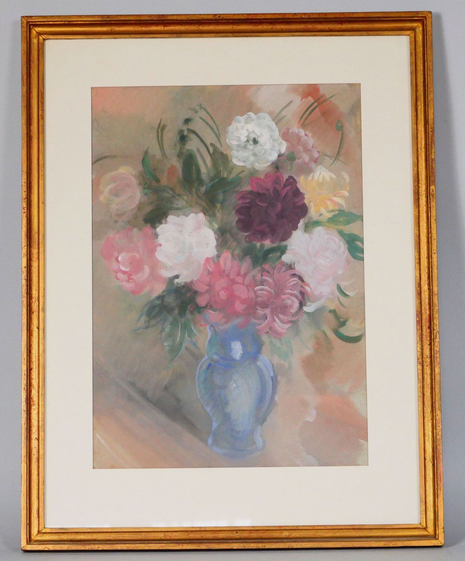 Null Giovanni LEONARDI (1876-1957)
Vase aux dahlias 
Aquarelle sur papier dédica&hellip;