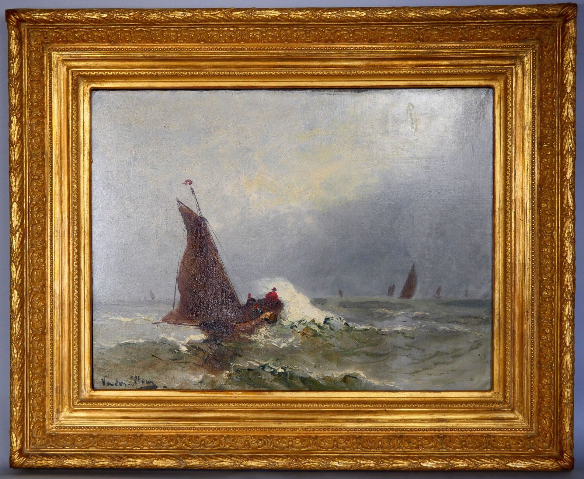 Null Holländische Schule aus dem 19.
Boot in einem Sturm
Öl auf Leinwand. Trägt &hellip;
