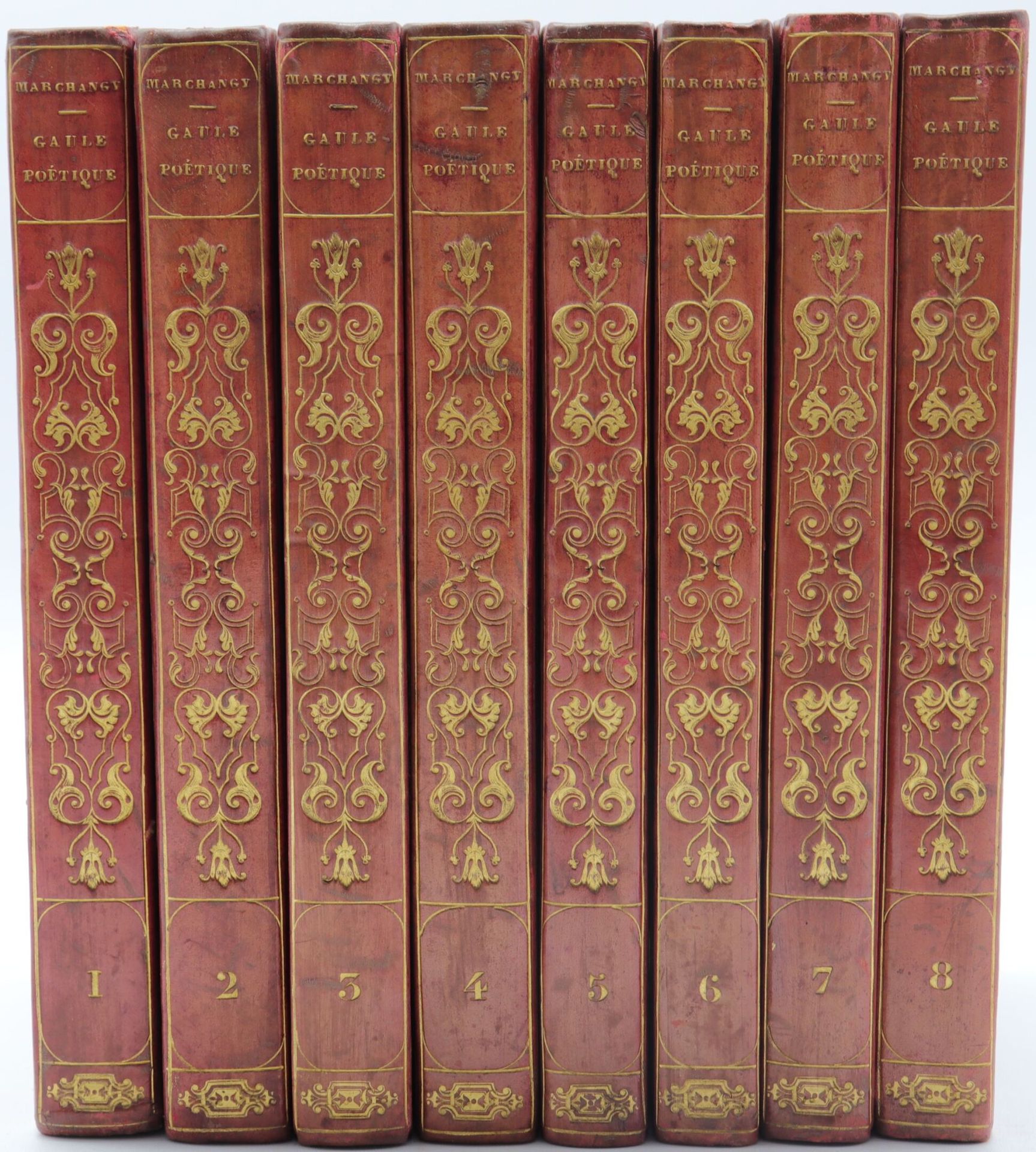 Null 马尚义。La Gaule poétique.巴黎，Hivert，1834年，8卷8册，半小牛皮，光滑的书脊，有装饰（当代装订）。一些零散的雀斑。

拍&hellip;
