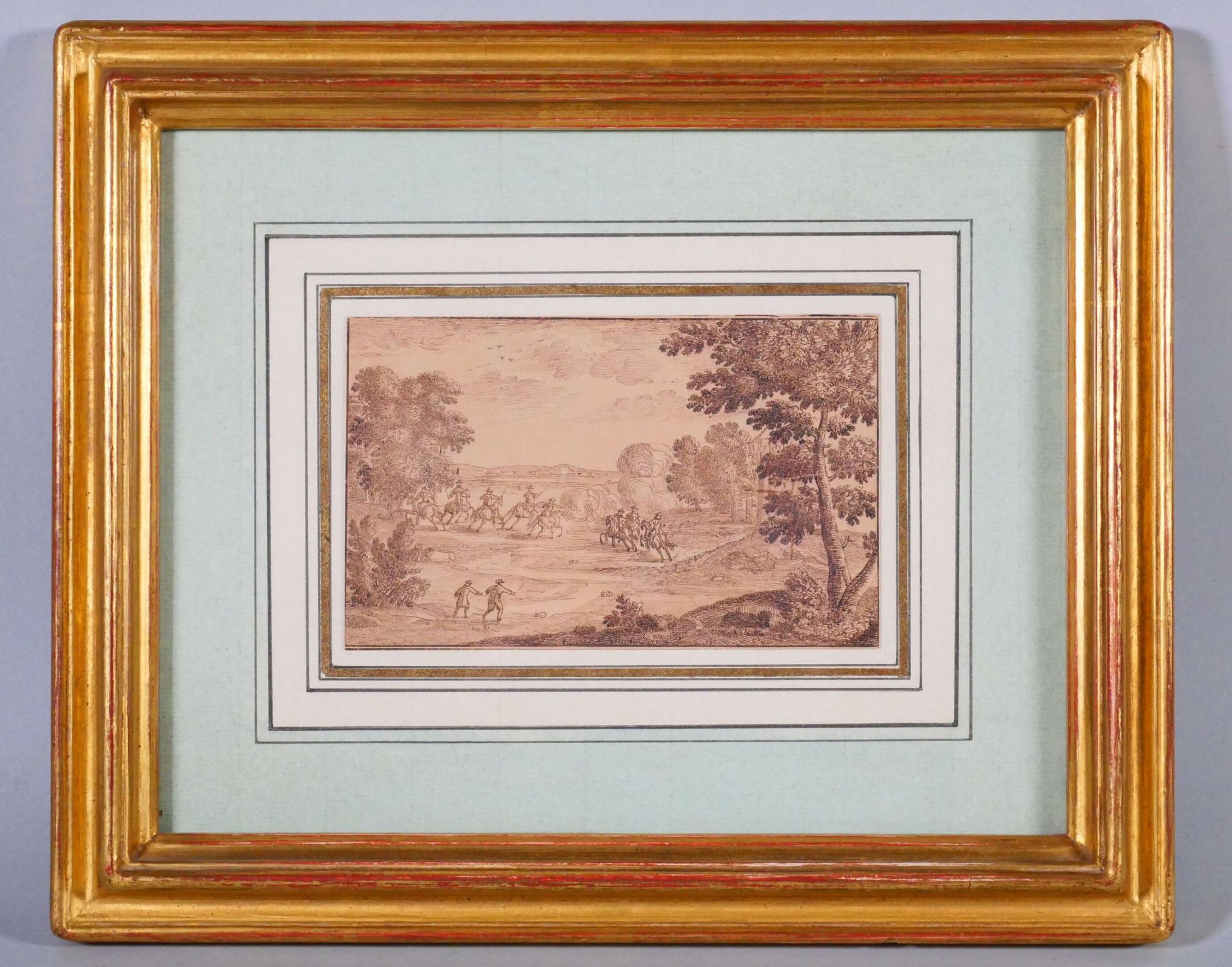 Null 约1700年的法国学校
风景中的骑手
钢笔和棕色墨水 
视线尺寸：9 x 14.5厘米
带画框尺寸：25.5 x 31 cm 
(边缘有两处破损)

&hellip;