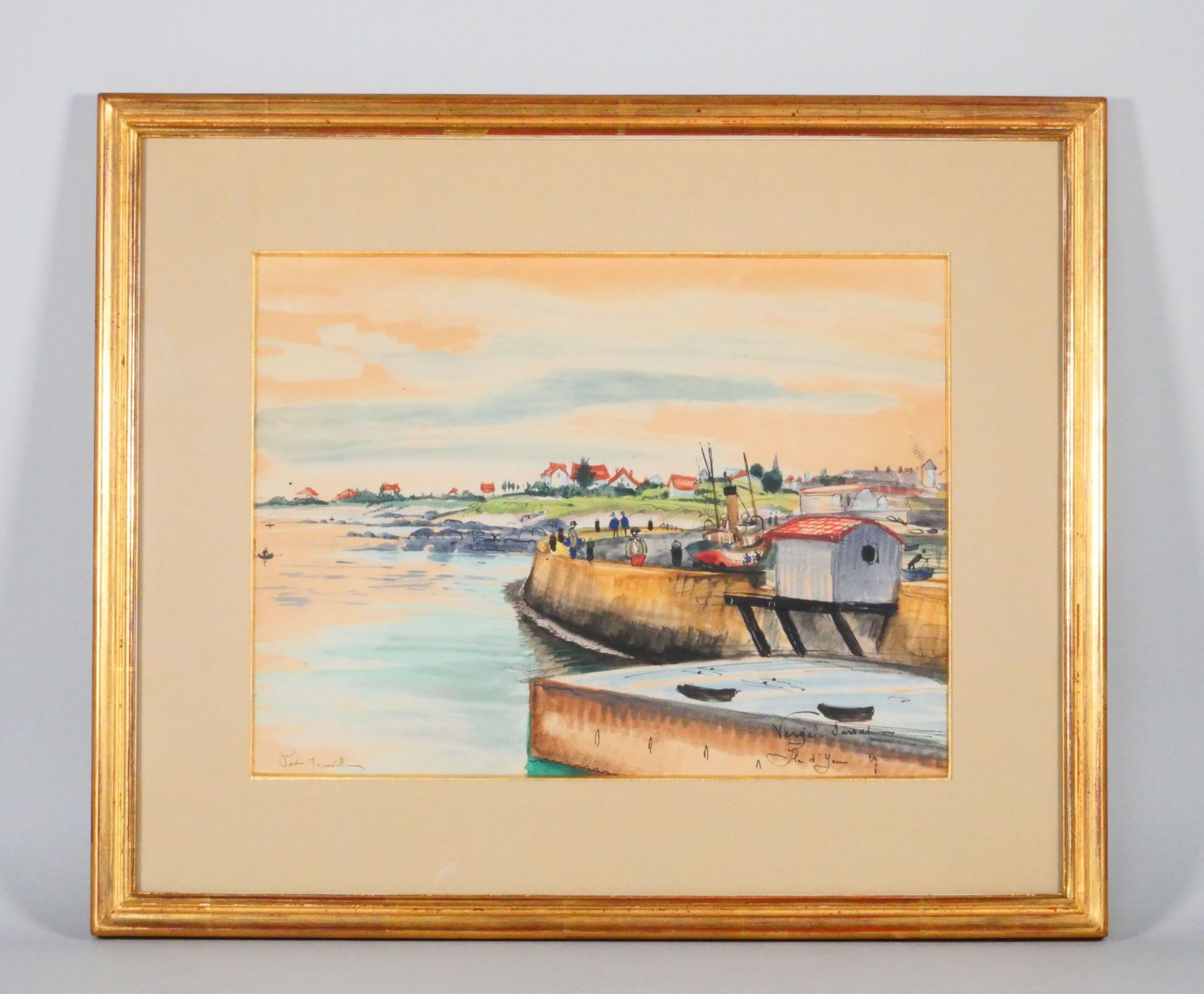 Null 亨利-VERGÉ-SARRAT (1880-1966)
叶岛的儒昂维尔港
纸上水彩和墨水，已签名并位于右下方和左边。 
视线尺寸：24 x 32 cm&hellip;