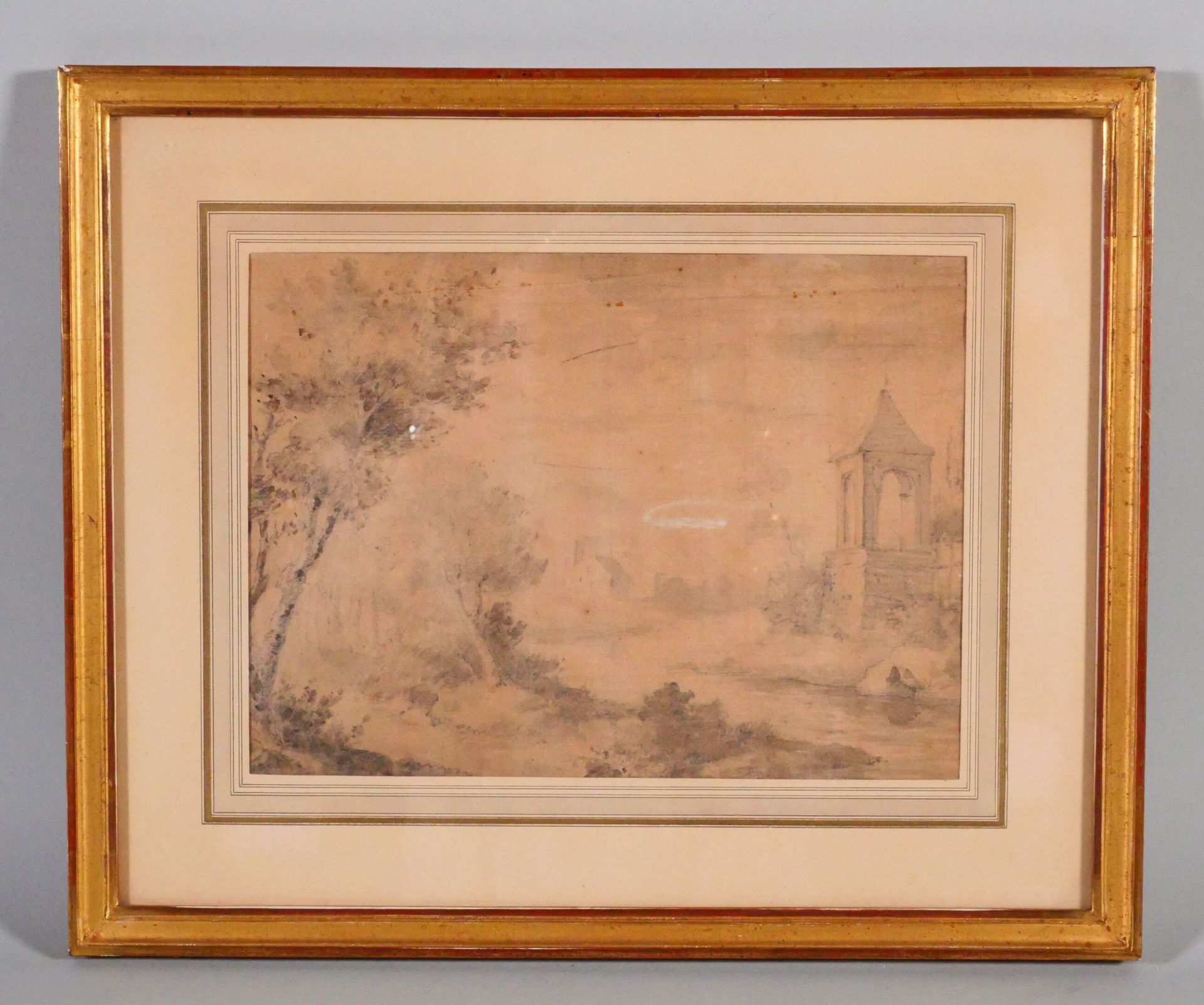 Null 约1800年的法国学校
景观
黑色铅笔线条上的棕色水洗 
视线尺寸：16 x 22厘米
带画框尺寸：27.5 x 33 cm
(弯曲，不牢固)

专家&hellip;