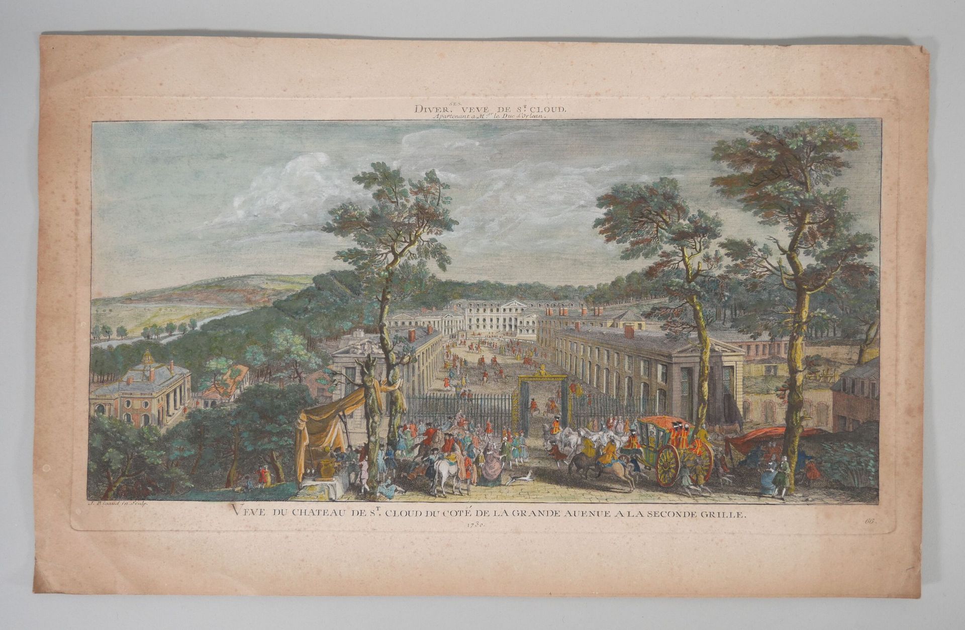 Null 在雅克-里高德（1681？ - 1754）之后 
"1730年，圣克劳德城堡在大路边上的第二格栅处的风景"。 
凸起的光学视图。
纸张尺寸：30 x &hellip;