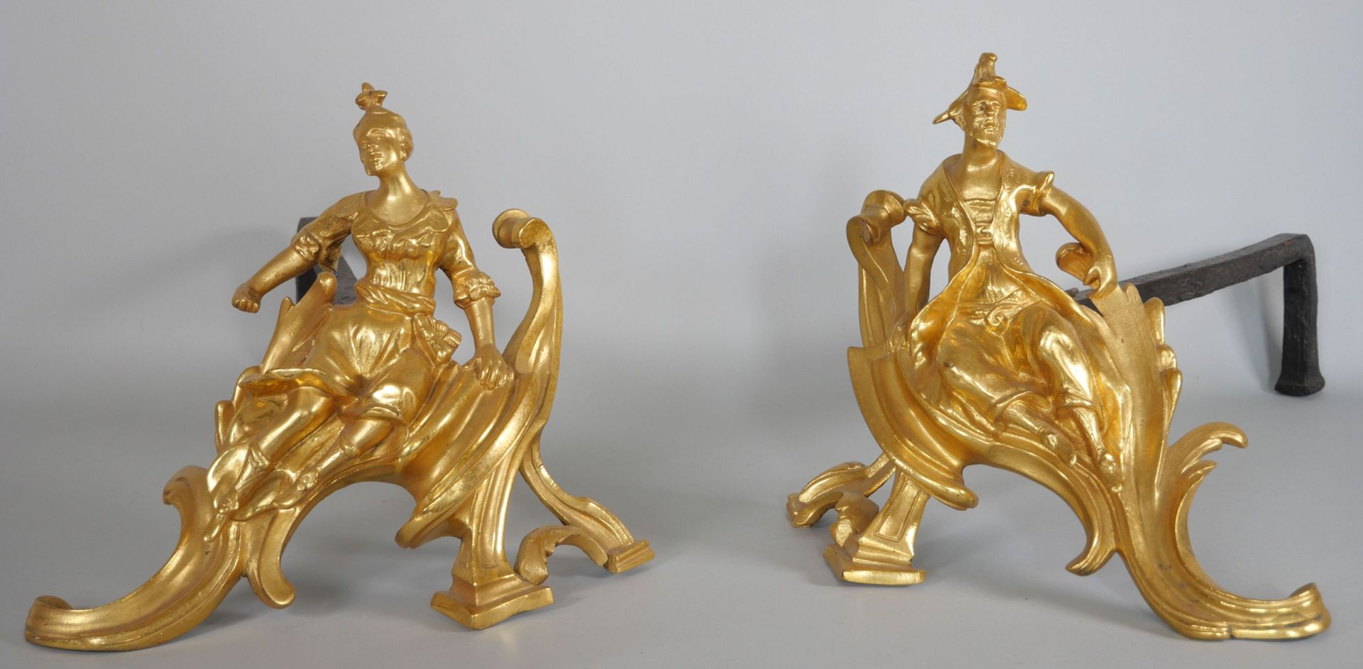 Null Pair of gilt bronze andirons representing a Chinese couple with their irons&hellip;