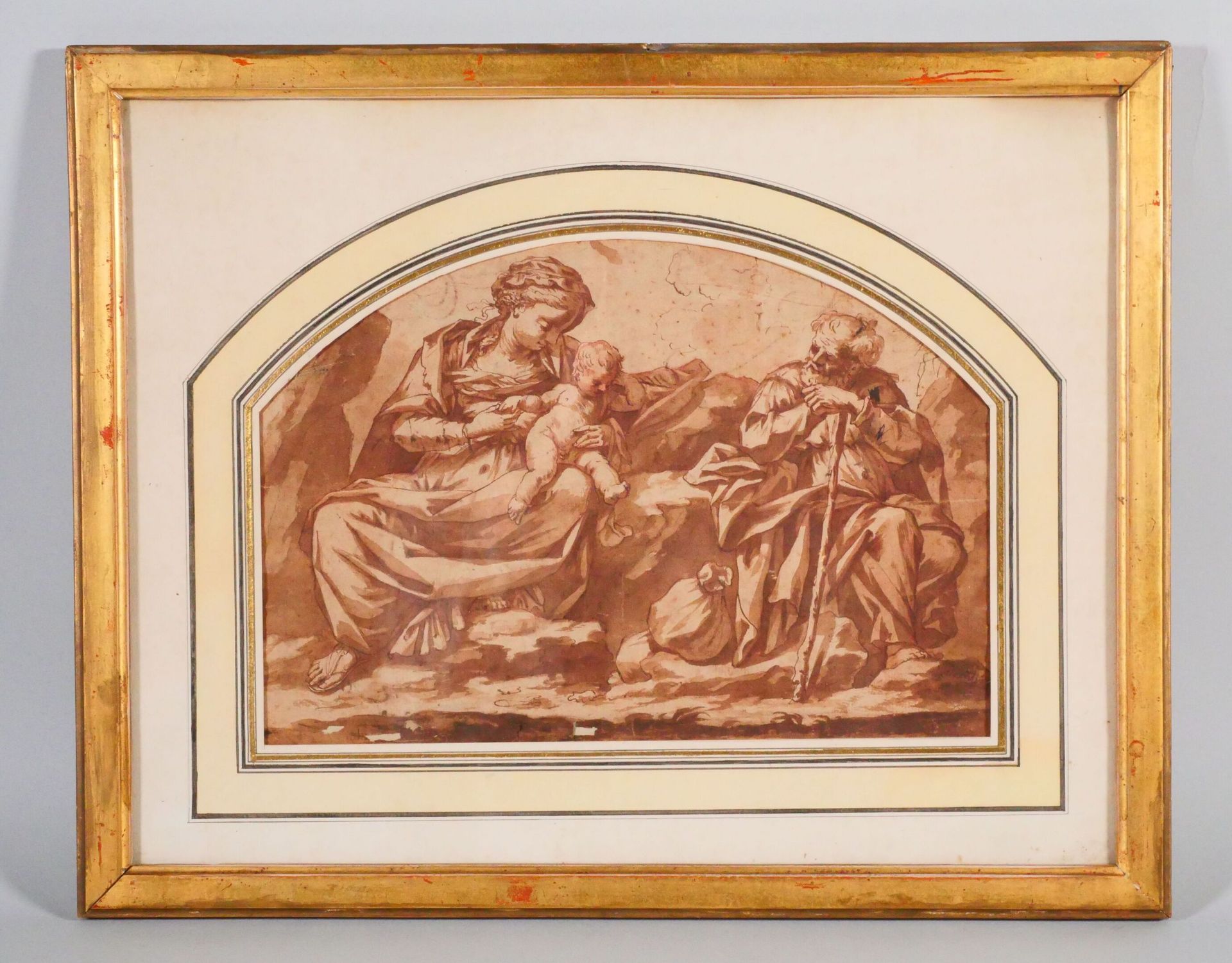 Null 十七世纪的意大利画派
逃往埃及期间的休息，仿照大师的作品
钢笔和棕色墨水，棕色水洗 
带画框尺寸：33 x 41厘米
尺寸：19 x 27.5厘米，顶&hellip;