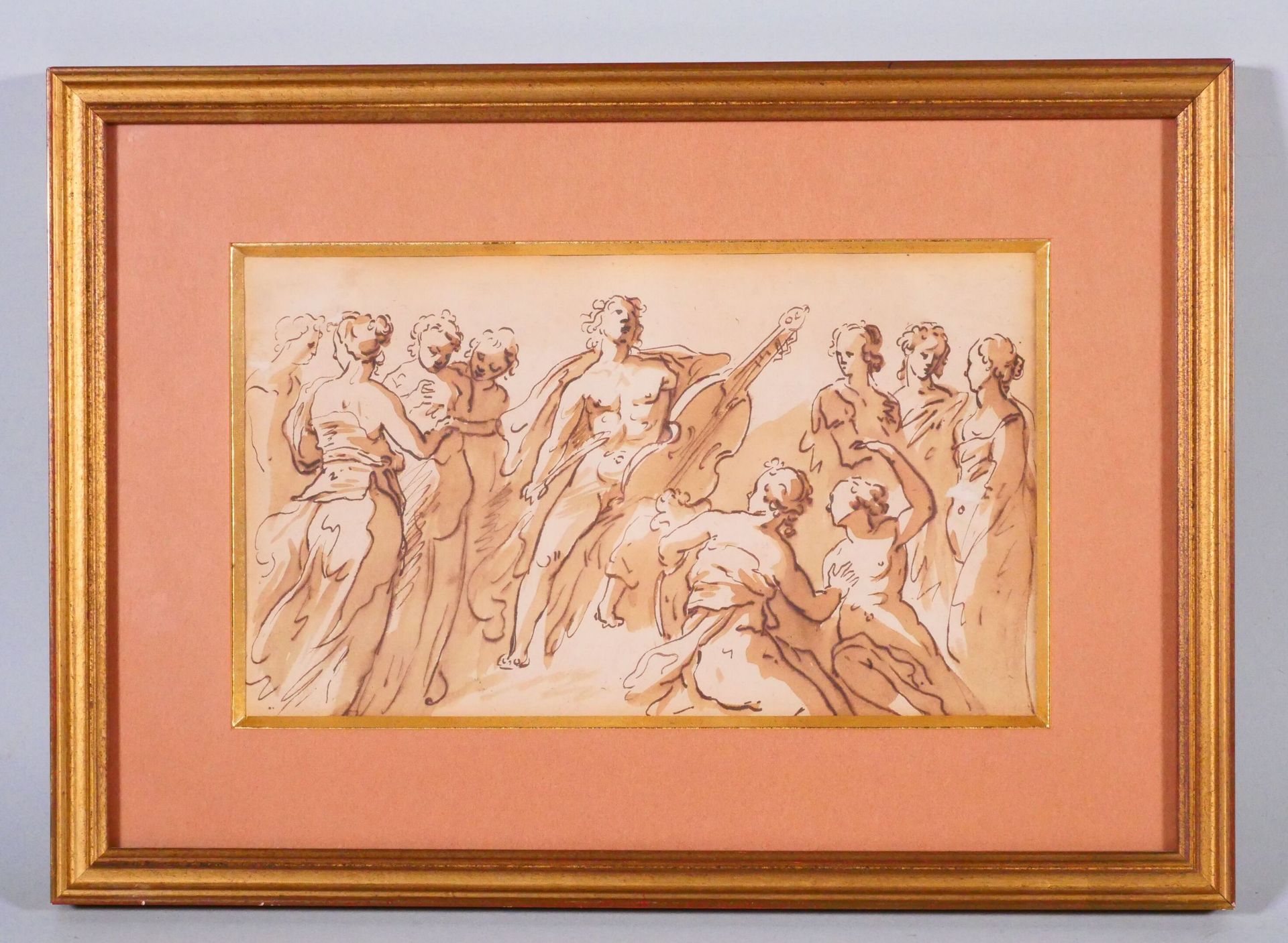 Null 17世纪的威尼斯学校 
阿波罗和缪斯女神
钢笔和棕色墨水，棕色水洗 
视线尺寸：13 x 22,5 cm
带画框尺寸：24 x 33.5厘米 

专家&hellip;