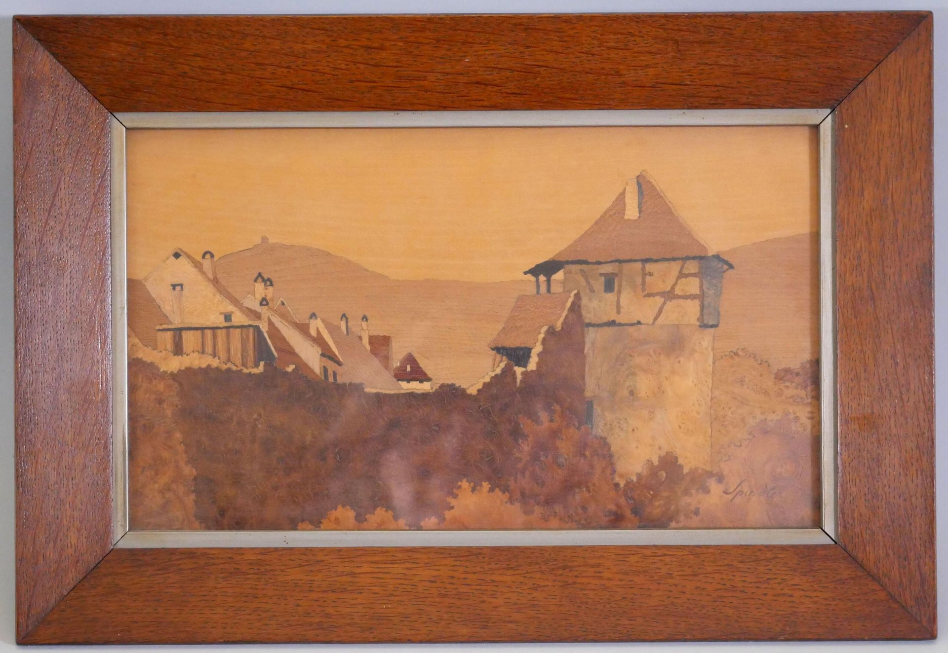 Null Charles SPINDLER (1865-1938)
Paysage Alsacien 
Marqueterie de bois sur pann&hellip;