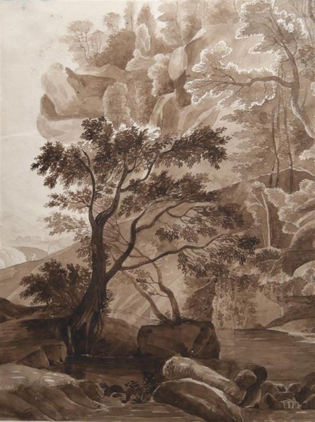 Null Ecole de la fin du XIXe siècle
Paysage de montagne
Lavis d'encre brune sur &hellip;