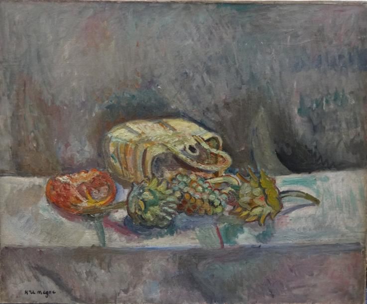 Pinchus KREMEGNE (1890-1981) Nature morte au panier de fruits et artichauts. Hui&hellip;