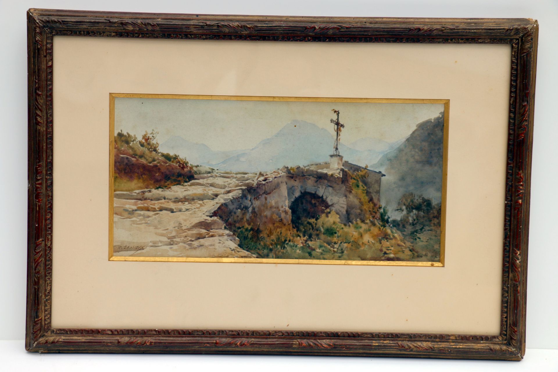 Null 欧内斯特。LESSIEUX Ernest (1848-1925) "The Calvary" 水彩画, sbg.高17 x 34厘米，正在观看