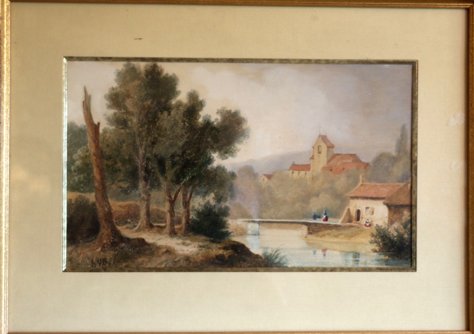Null Unleserlich "Landschaft an der Brücke" Aquarell, SBG. 24 x 40 cm auf Ansich&hellip;
