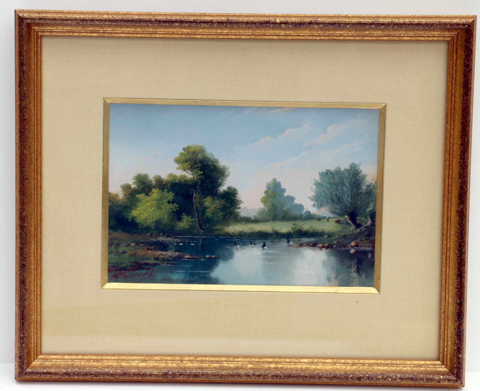 Null "鸭子池塘的景色》 水彩和水粉画，黑褐色。高14 x 20厘米