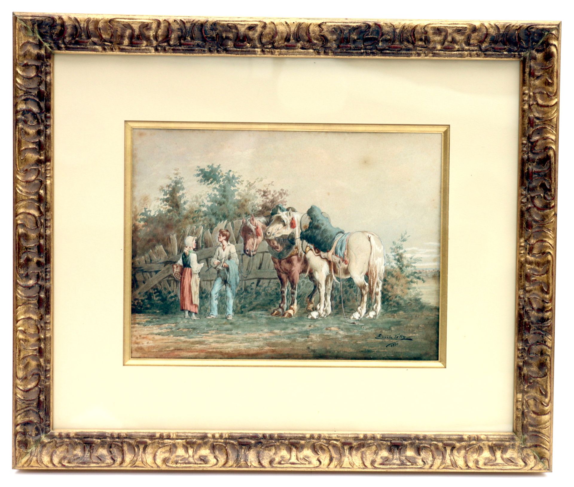 Null Emile TOLLY "Scènes campagnardes" 2幅水彩画组成一个吊坠。Sbd。日期为1880年。高23,5 x 31厘米