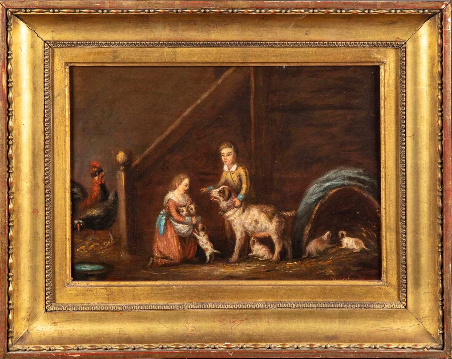 Ecole Flamande XIXè 19世纪的弗莱米什学校

两个孩子与他们的狗和她的小狗们在一起

板上油彩

28 x 36 厘米