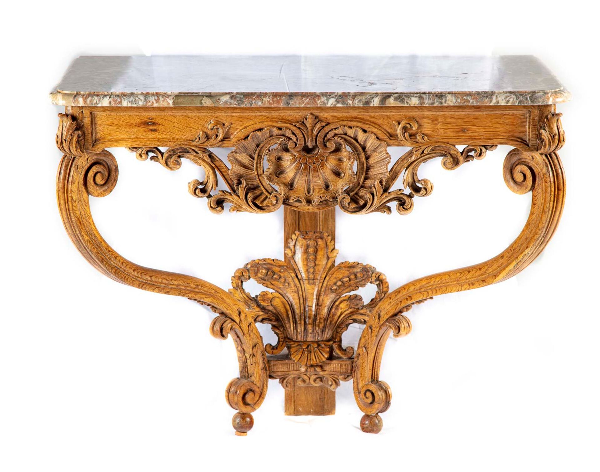 Null Moulded and carved oak console with openwork decoration of shells, rocaille&hellip;