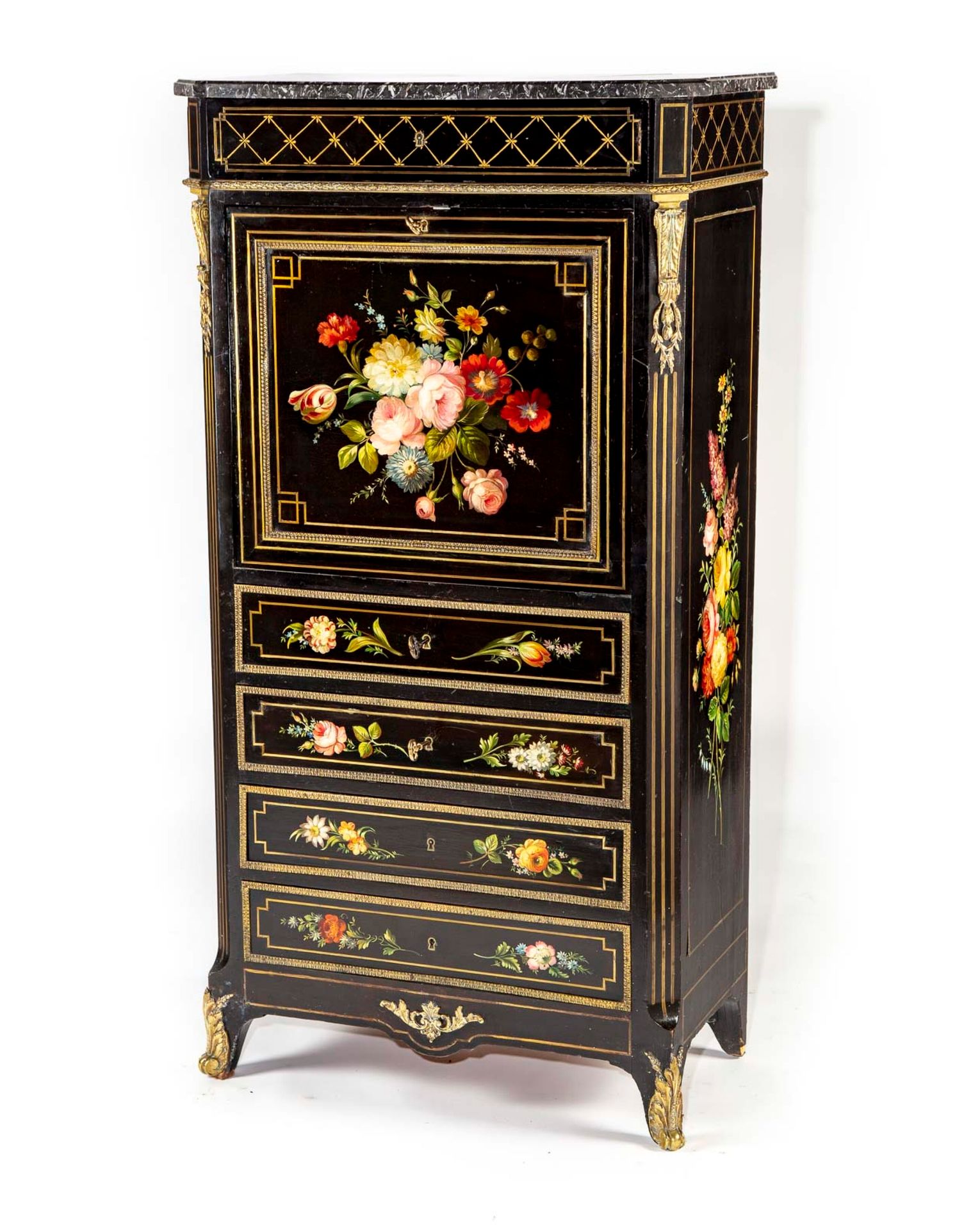 Null Painted wood secretary with polychrome flowers on a black background, openi&hellip;