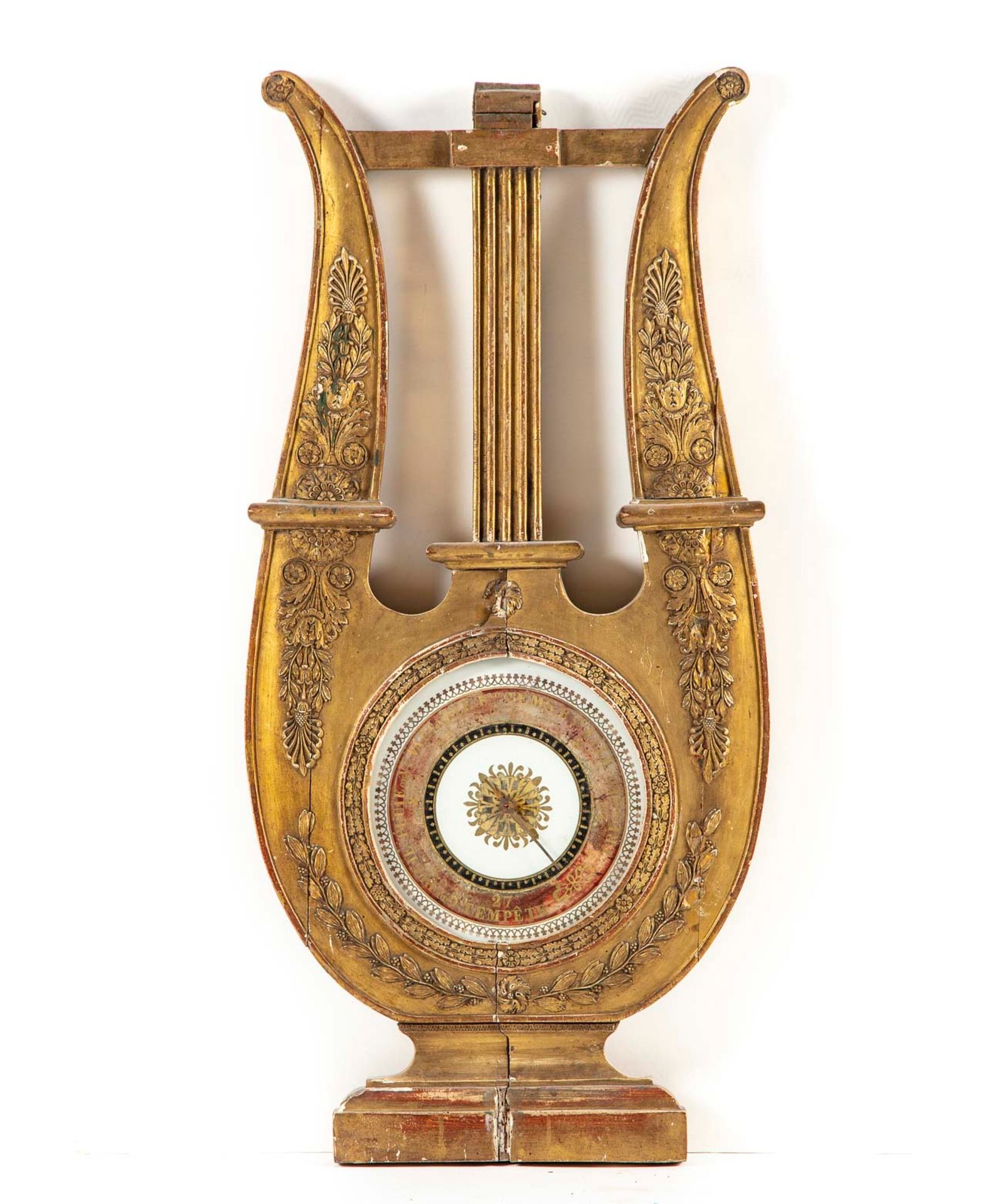 Null Barómetro en forma de lira de madera dorada y vidrio eglomerado decorado co&hellip;