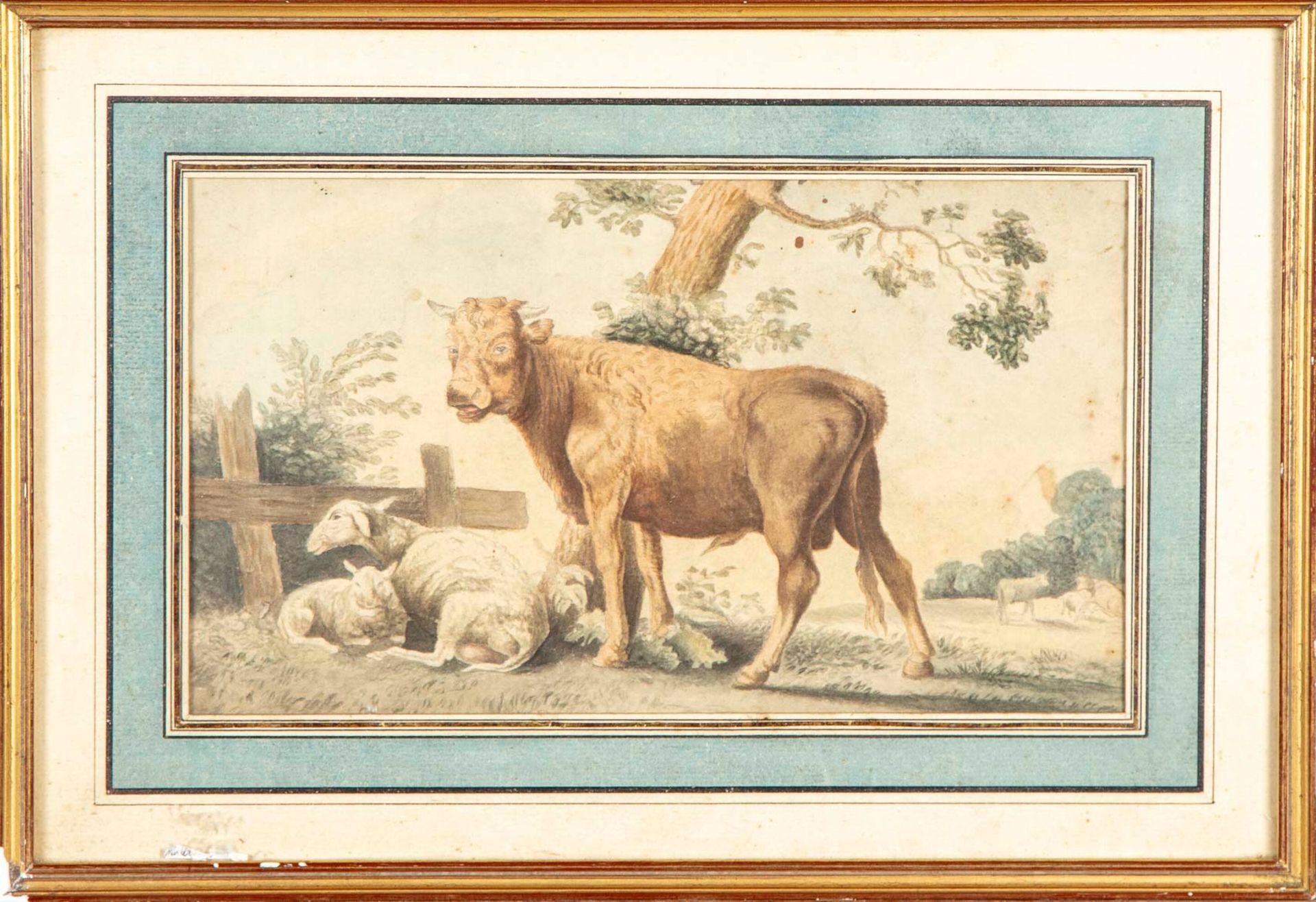 ECOLE HOLLANDAISE XIXe HOLLAND SCHOOL 19世纪初，Paulus Potter的追随者

草地上的牛和羊

水彩画

14.&hellip;