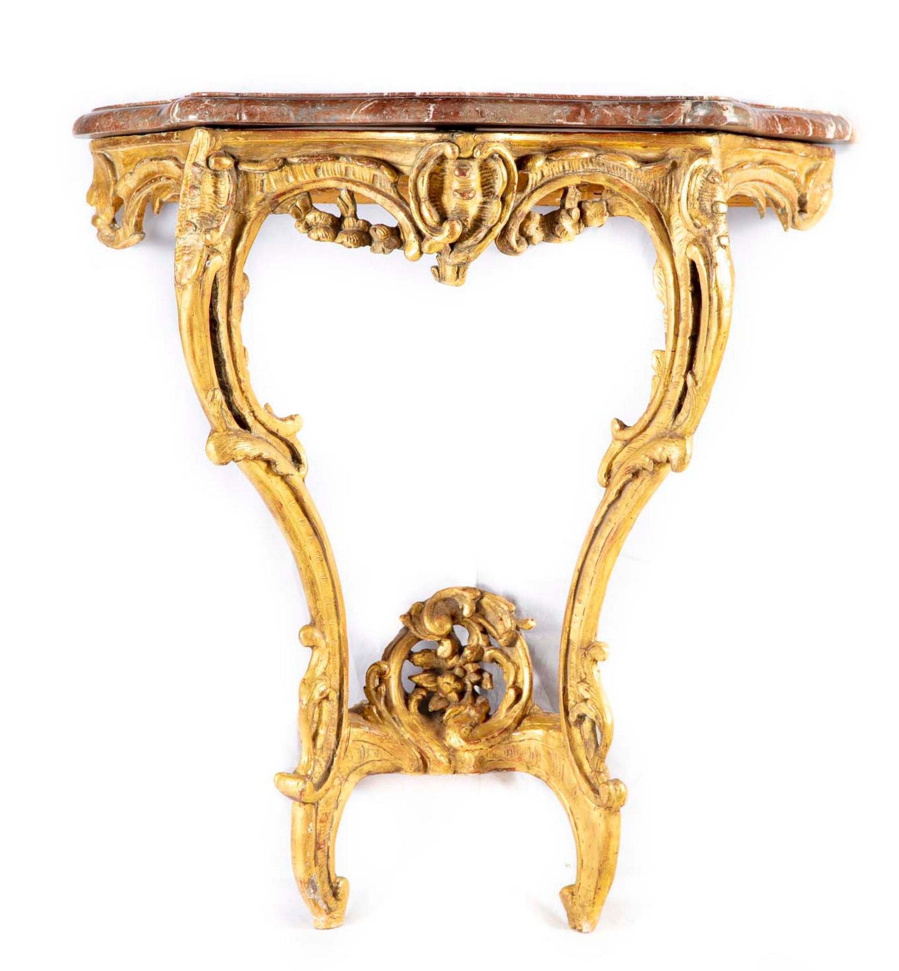 Null Gilded wood console with openwork decoration of garlands and rocaille, the &hellip;